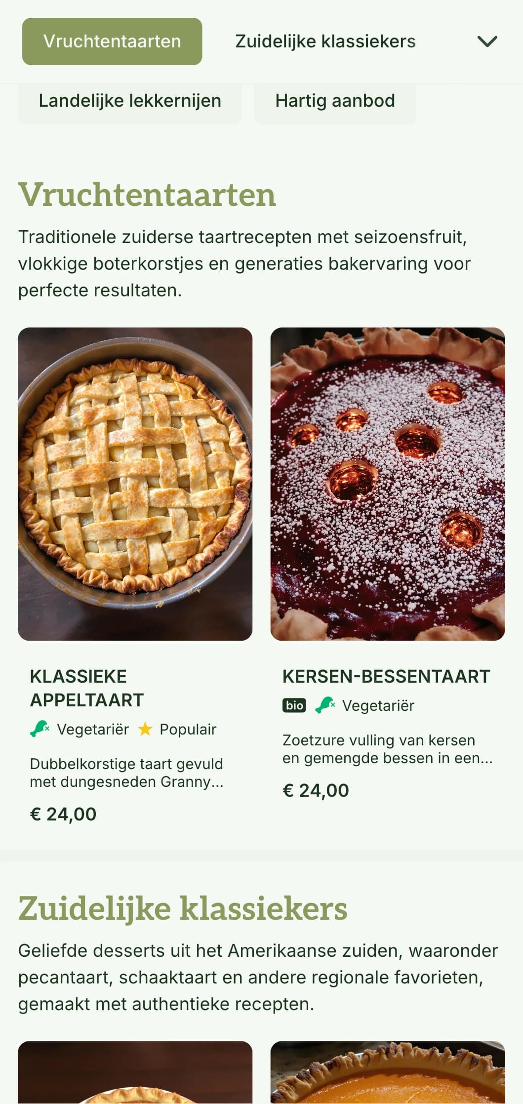 Een warm, op het zuiden geïnspireerd menu-ontwerp voor bakkerijen met olijfkleurige tinten en traditionele typografie, perfect voor taartenwinkels en bakkerijen in zuidelijke stijl.