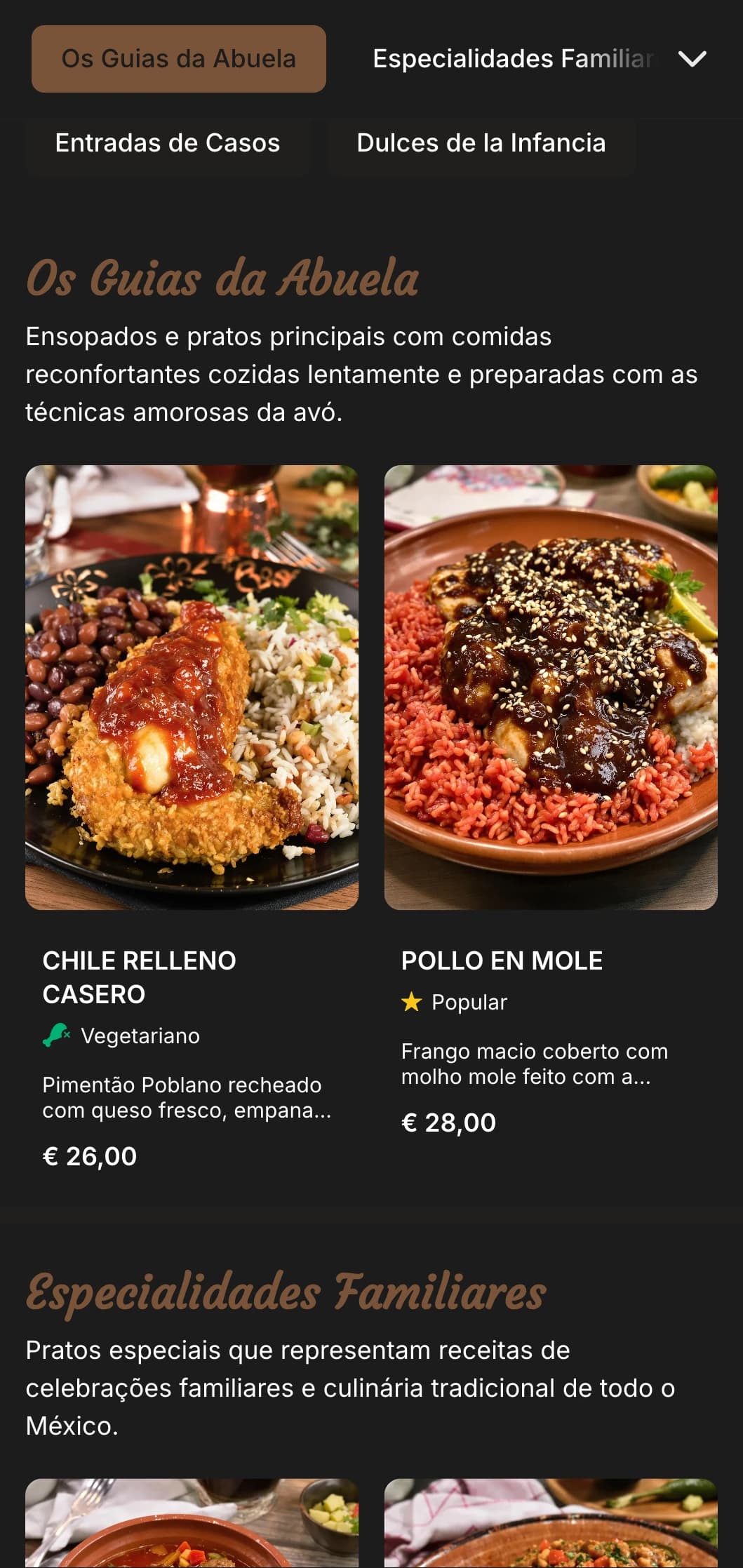 Cardápio mexicano caseiro, aconchegante e reconfortante, com receitas da avó, toques quentes de marrom e pratos tradicionais em estilo familiar.