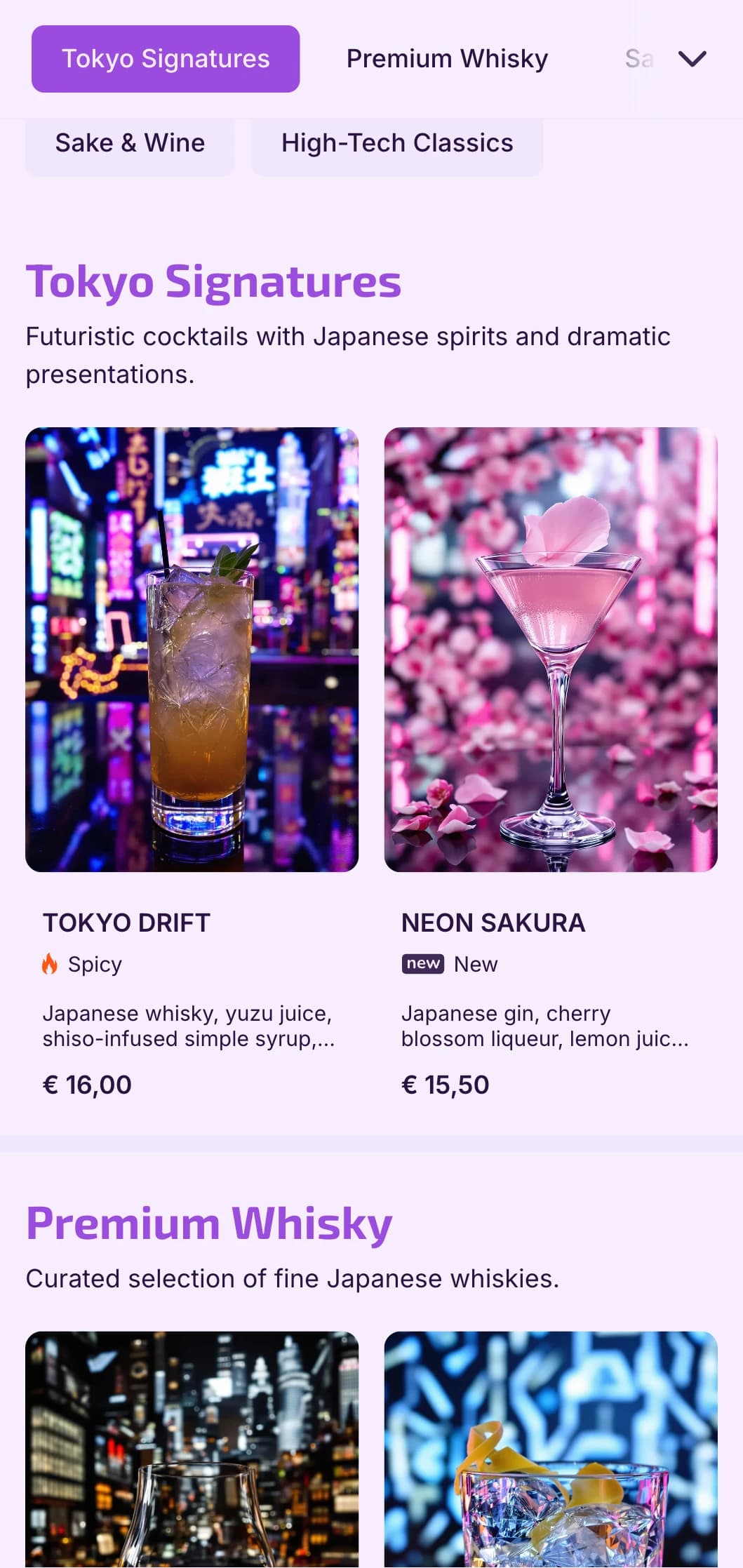 Deep purple and black design with tech elements for futuristic Japanese-inspired bars.