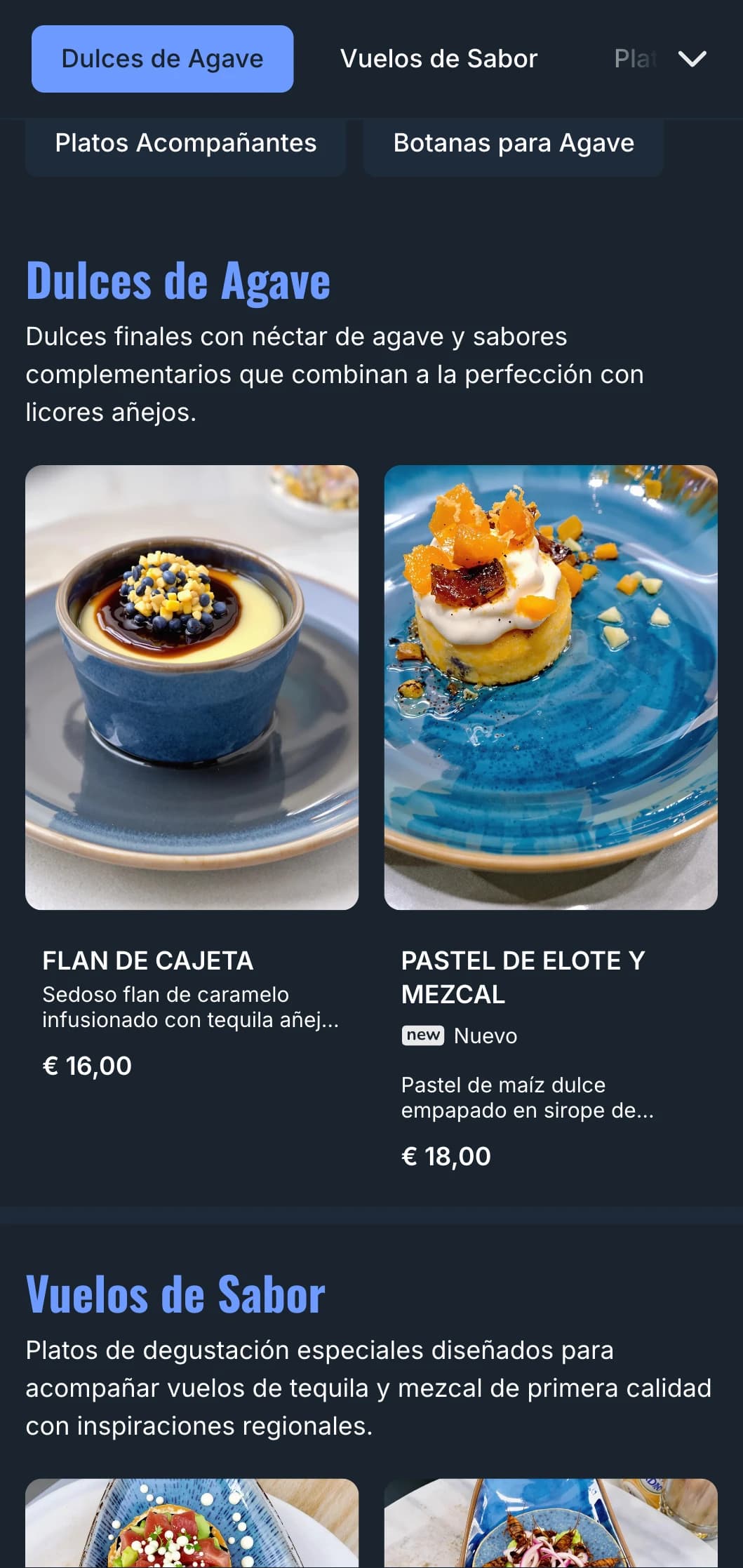 Sofisticado menú de bar centrado en ofertas de tequila y mezcal de primera calidad con acentos de agave azul, elementos de humo y antojitos mexicanos maridados.