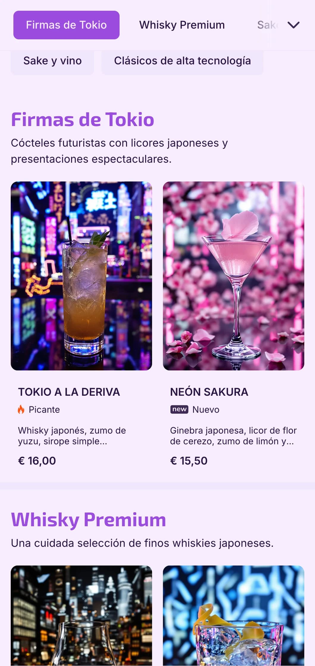 Diseño en morado intenso y negro con elementos tecnológicos para bares futuristas de inspiración japonesa.