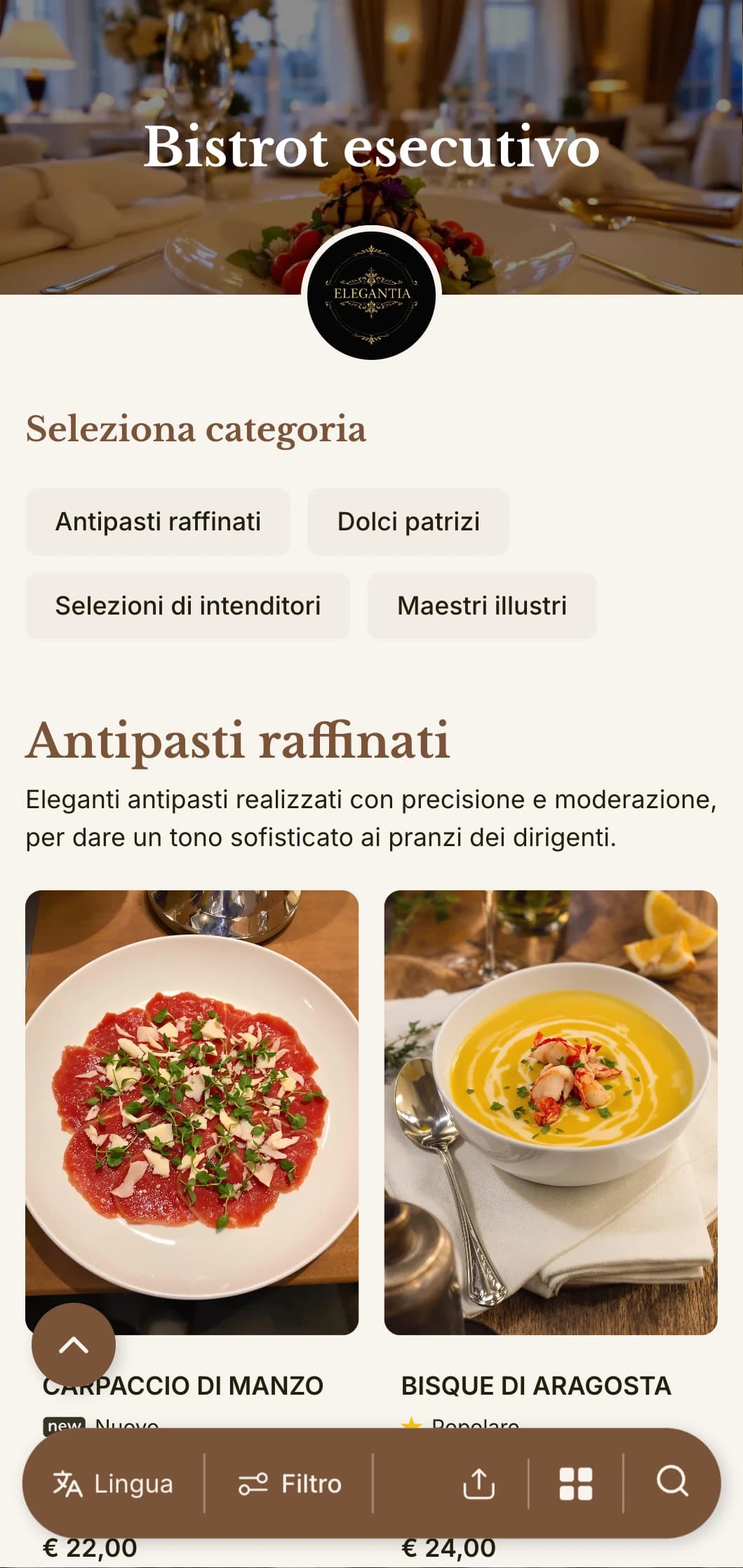 Design sofisticato per il menu del pranzo, con una tipografia raffinata e una spaziatura elegante, pensato per i ristoranti degli hotel di lusso e per le sale da pranzo dei professionisti del settore.