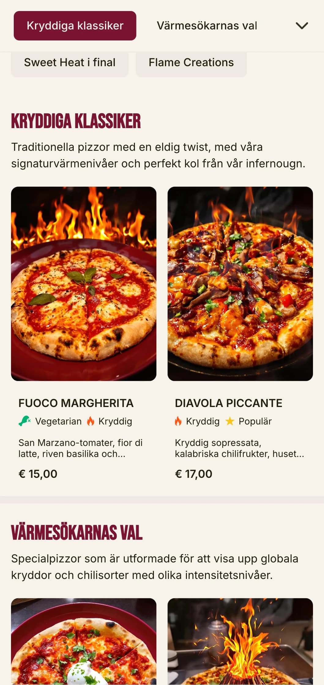 Energisk pizzameny med djärv typografi och livfulla färger för kryddiga pizzaspecialister.