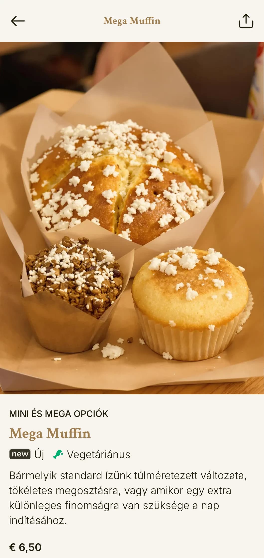 Meleg, otthonos pékségi menüterv aranybarna tónusokkal és hagyományos tipográfiával, ideális muffin-specialisták és házi pékségek számára.