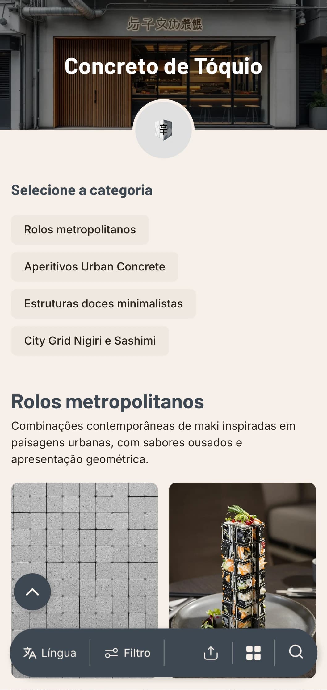 Menu de sushi industrial e urbano com tons de cinza concreto e design minimalista para locais urbanos contemporâneos.