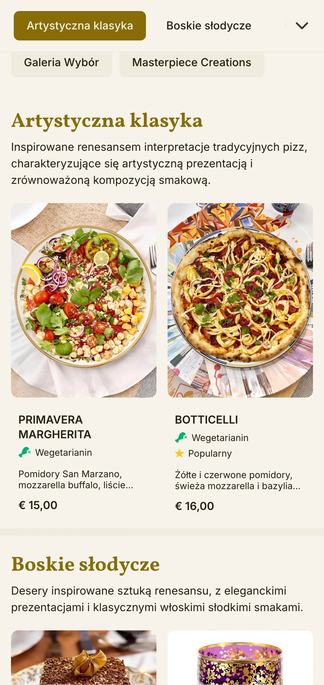 Artystyczne menu pizzy inspirowane włoskim renesansem z bogatymi elementami wizualnymi.