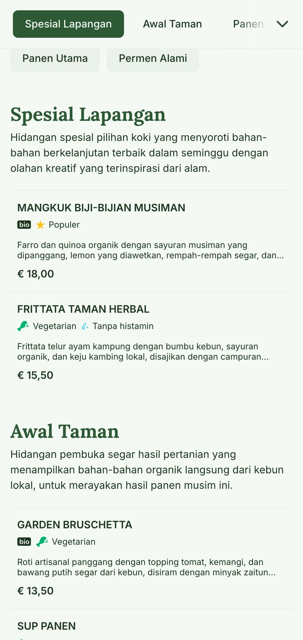 Desain menu makan siang yang segar dan terinspirasi dari alam dengan bahan-bahan musiman dan sajian dari kebun, cocok untuk kafe dan restoran yang berfokus pada hidangan siang organik yang sehat.