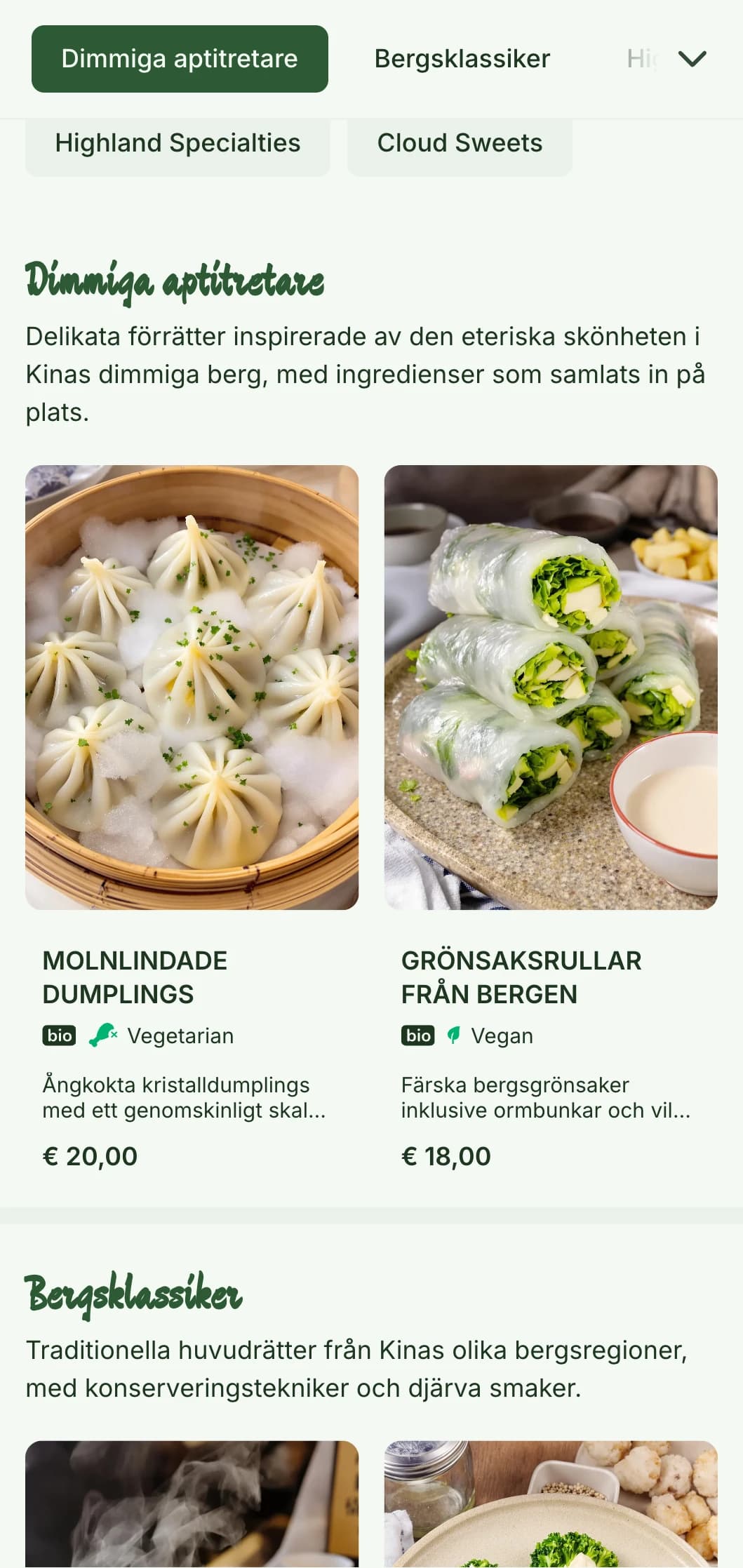 Lugn kinesisk menydesign inspirerad av bergslandskap och dimmig estetik för restauranger som fokuserar på regionala rätter.