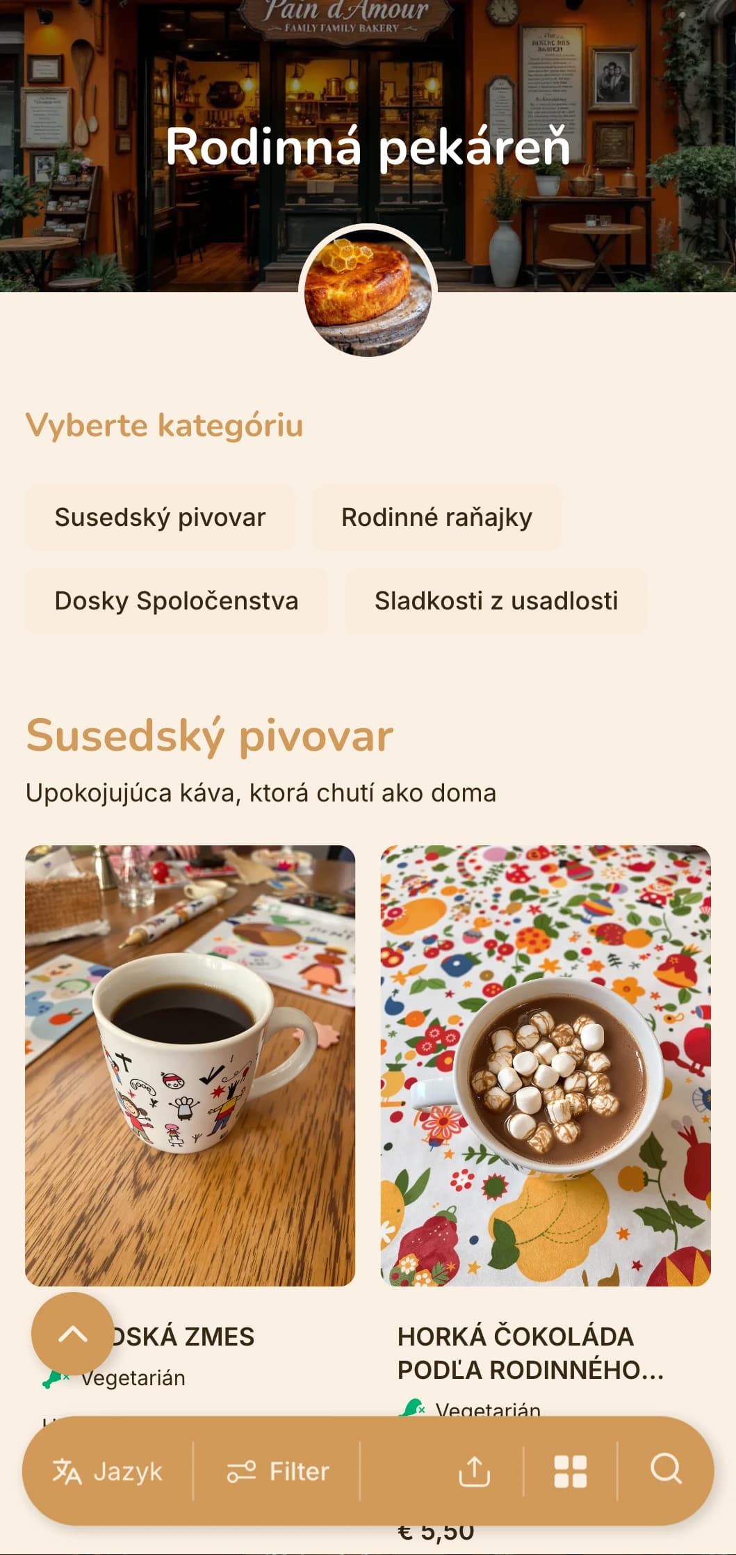 Teplý oranžový dizajn s domácimi prvkami pre rodinné pekárne a kaviarne v susedstve.