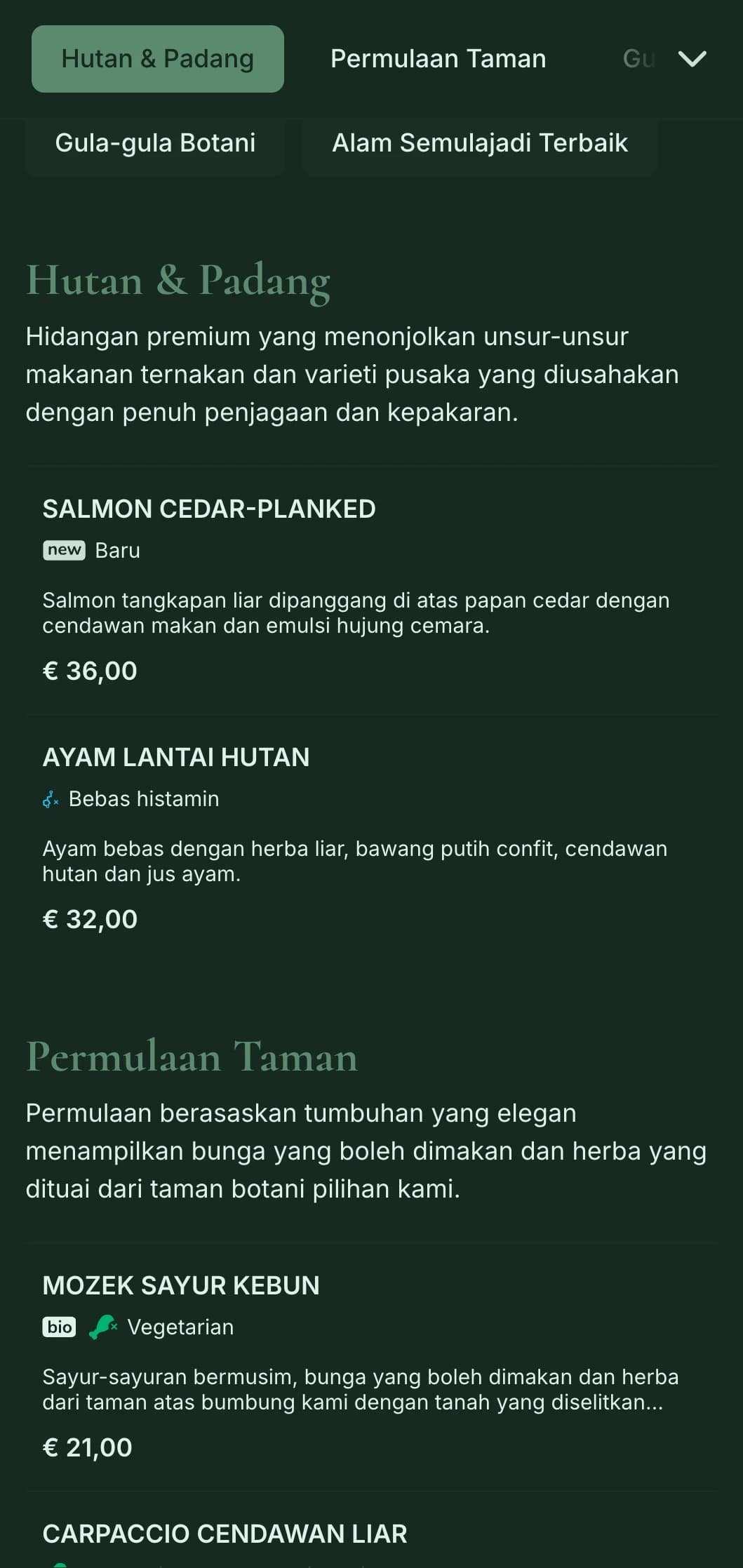 Keanggunan semula jadi yang canggih dengan pengaruh botani, sesuai untuk santapan mewah berinspirasikan dari ladang ke meja dan taman.