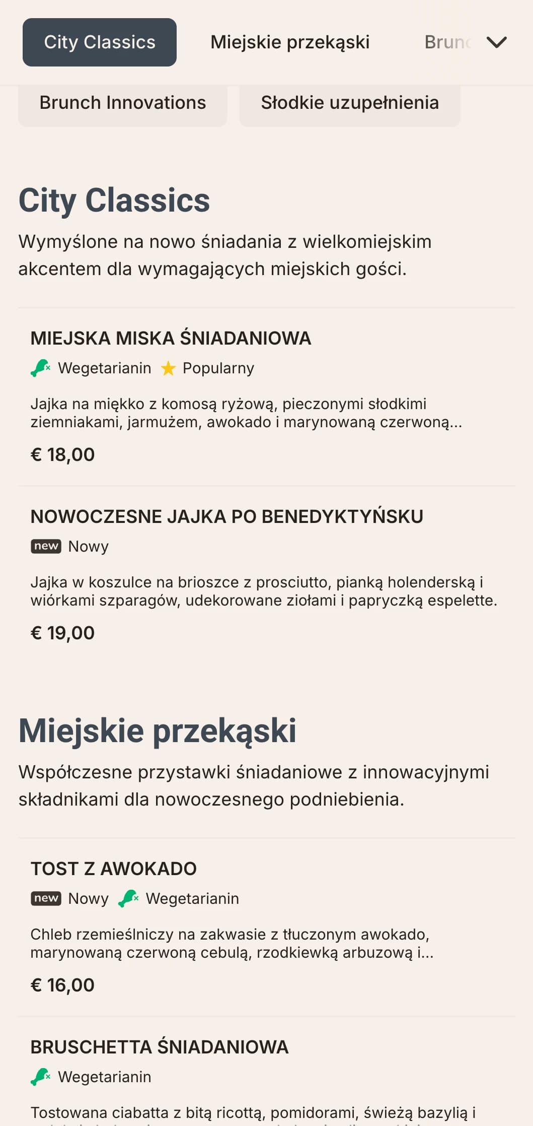 Eleganckie, współczesne opcje śniadaniowe dla nowoczesnego mieszkańca miasta, charakteryzujące się minimalistyczną prezentacją i innowacyjnymi połączeniami smakowymi.