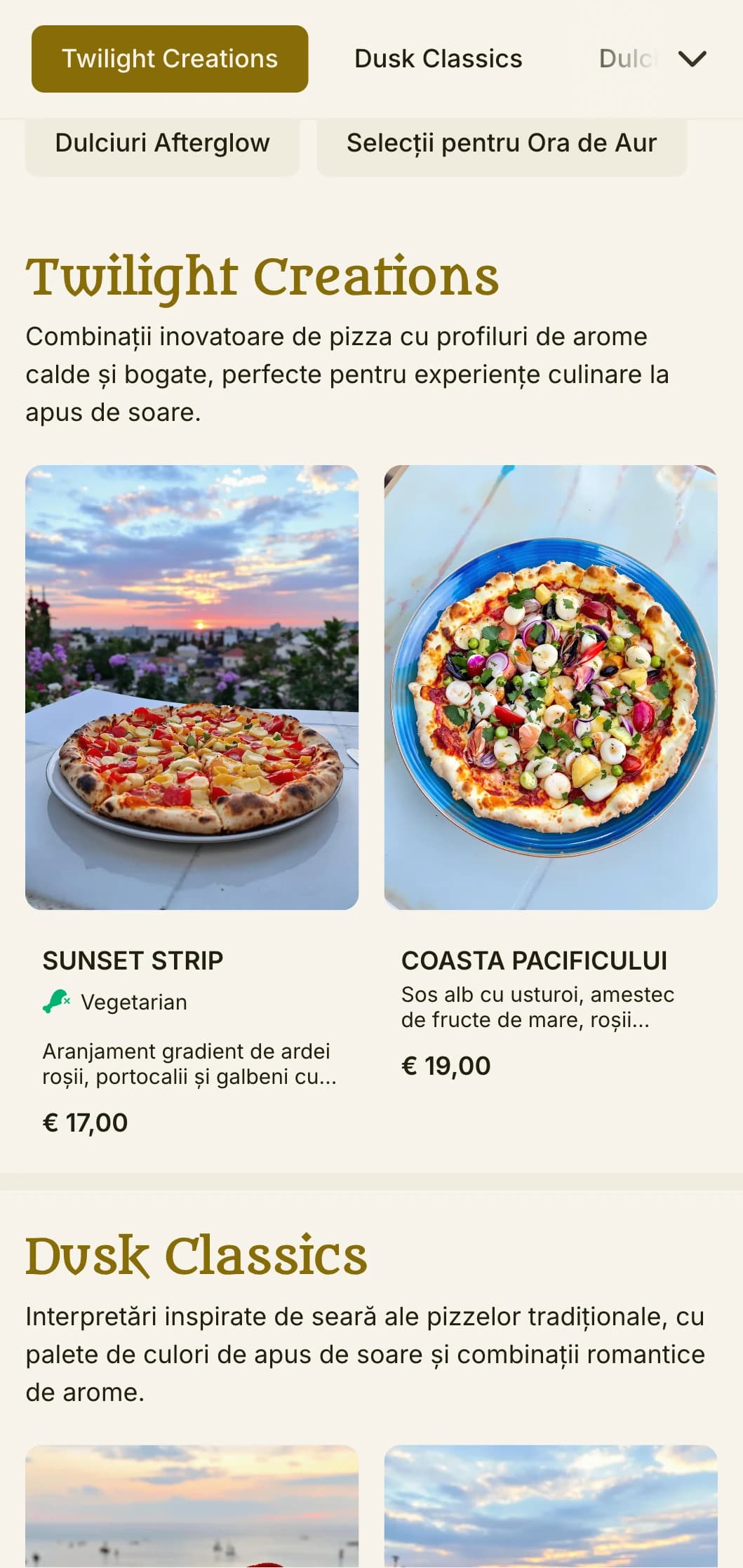 Meniu de pizza cu tematică de seară vibrantă, cu paleta de culori a apusului de soare și elemente romantice.