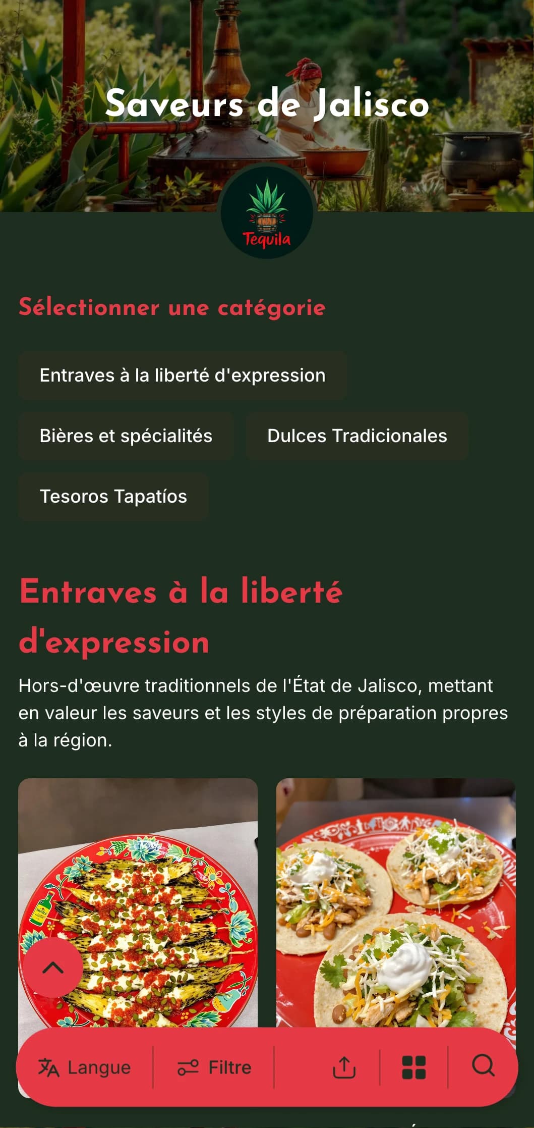 Menu varié et savoureux proposant des spécialités de Jalisco, notamment la tequila, la birria et des plats traditionnels inspirés des mariachis.