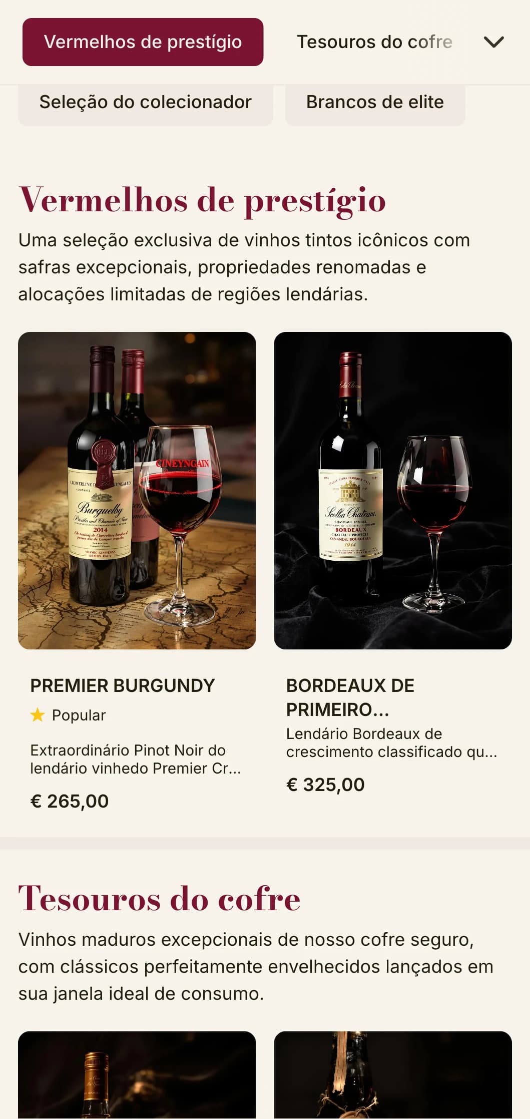 Modelo de carta de vinhos dramaticamente luxuoso com detalhes em vermelho escuro e tipografia sofisticada, ideal para adegas de vinhos premium e restaurantes exclusivos.