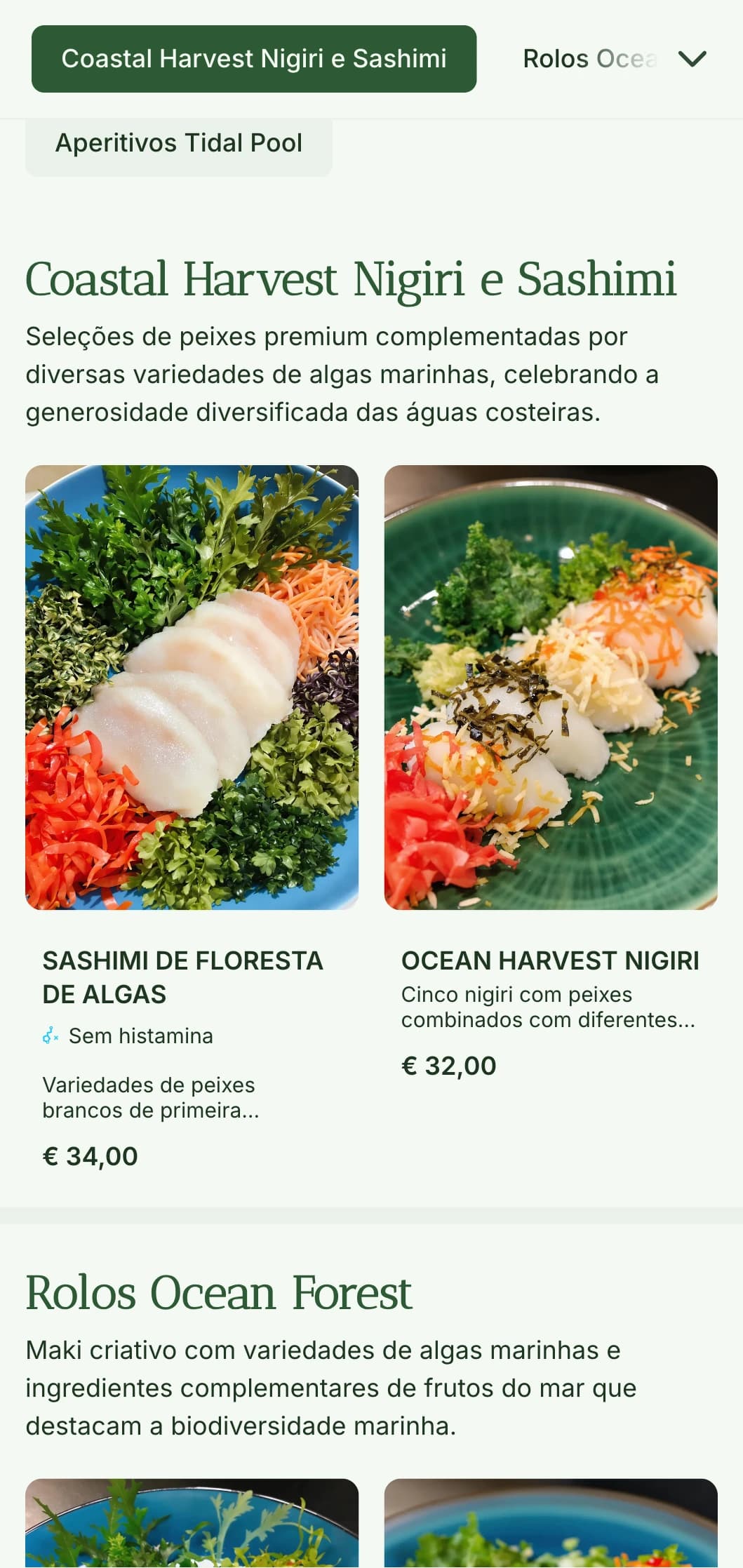 Menu de sushi fresco inspirado no oceano, com tons verdes profundos de algas marinhas para autênticos restaurantes de frutos do mar.
