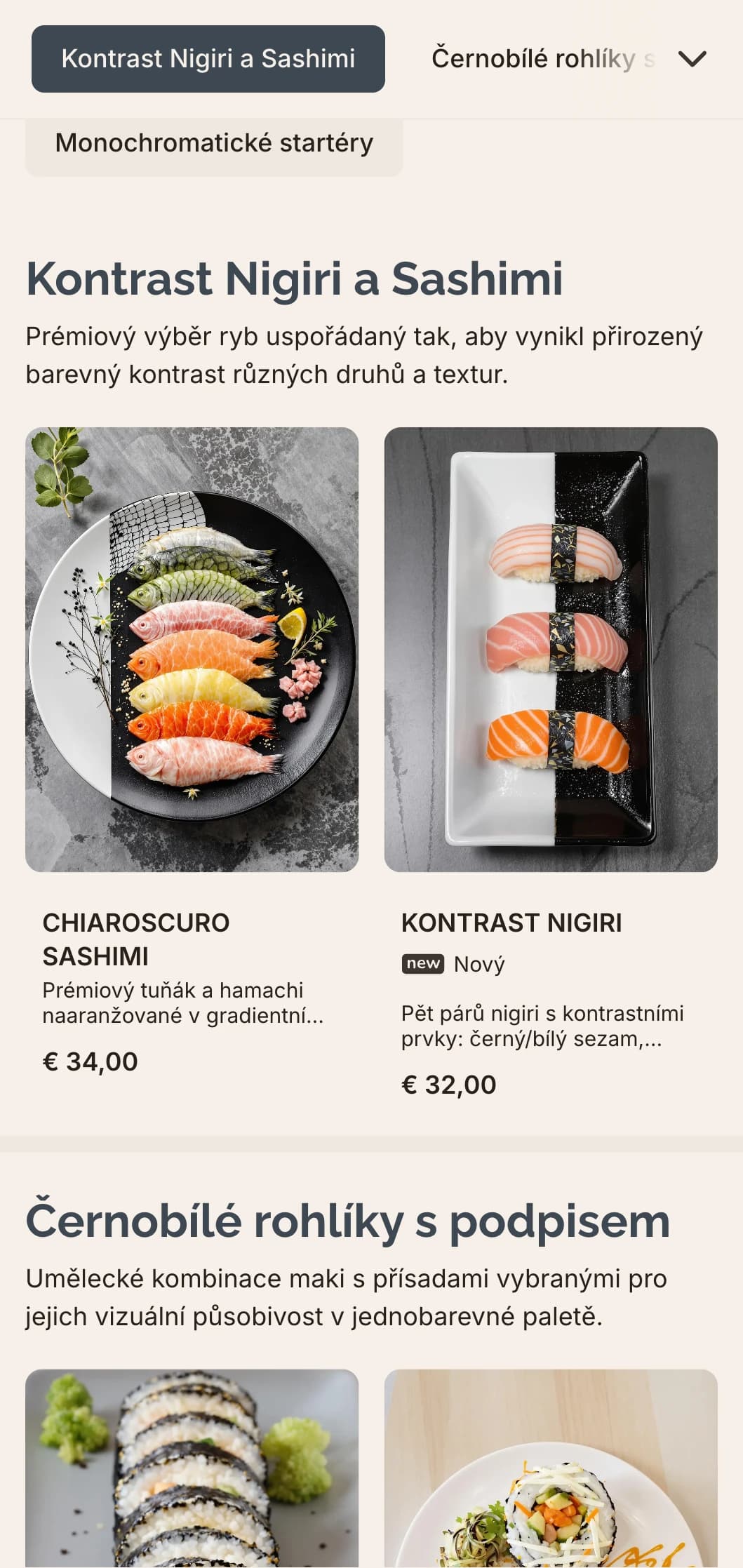 Sofistikované černobílé menu sushi s jemnými šedými akcenty, ideální pro moderní minimalistické restaurace.