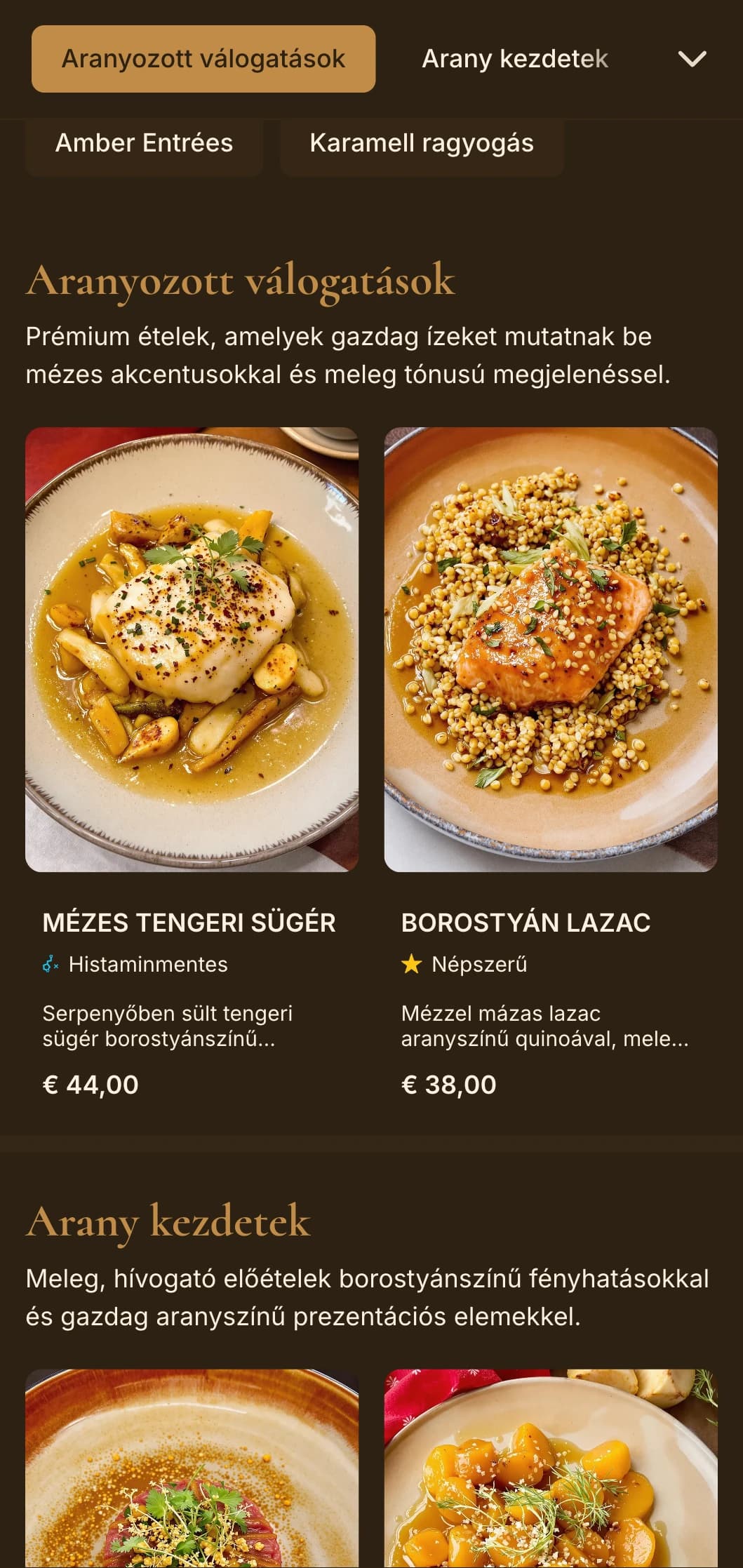 Gazdag, meleg étkezési koncepció, borostyánszínű tónusokkal és aranyszínű világítással a meghitt luxusélményért.