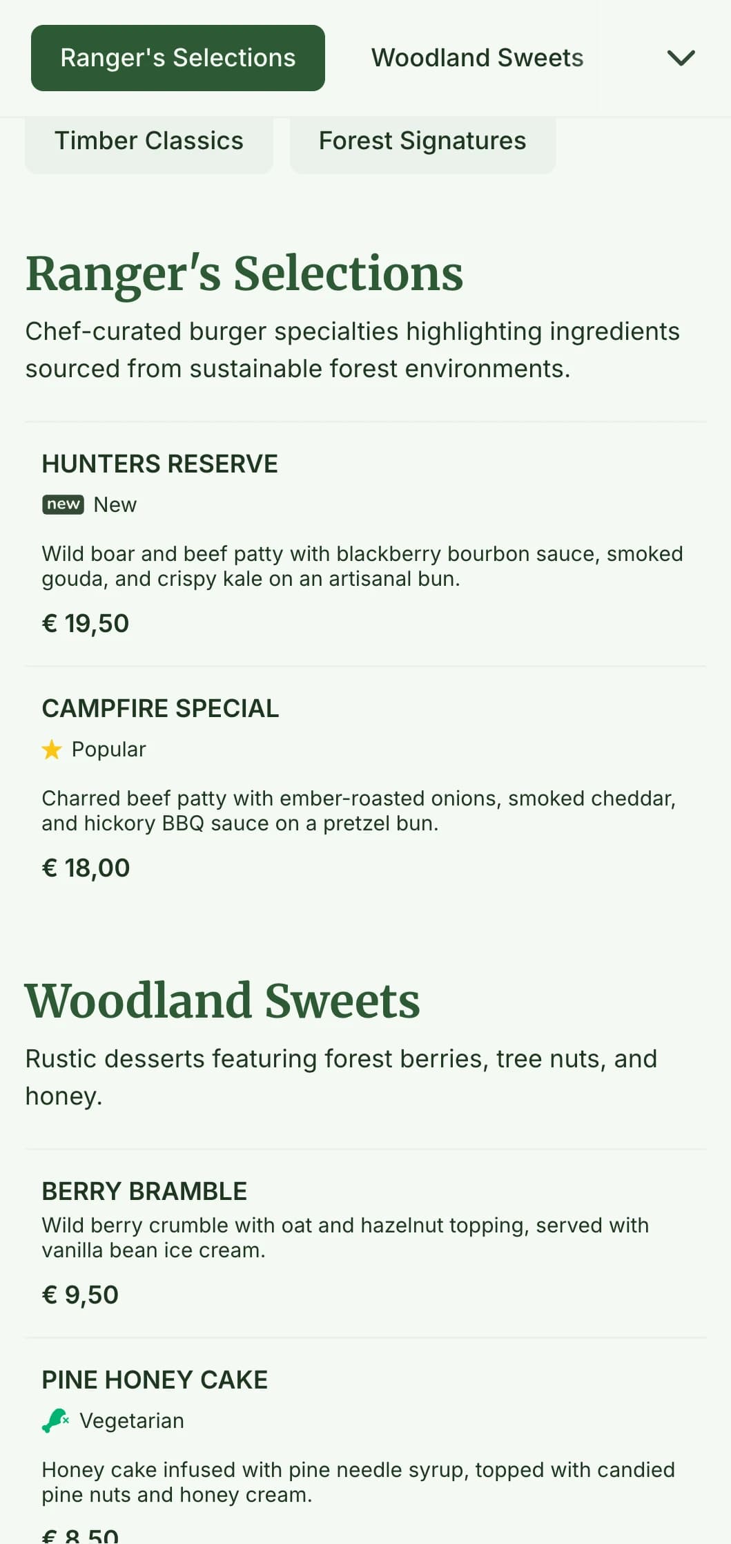 Forest-inspired burger experience with wood textures and earthy color palette.