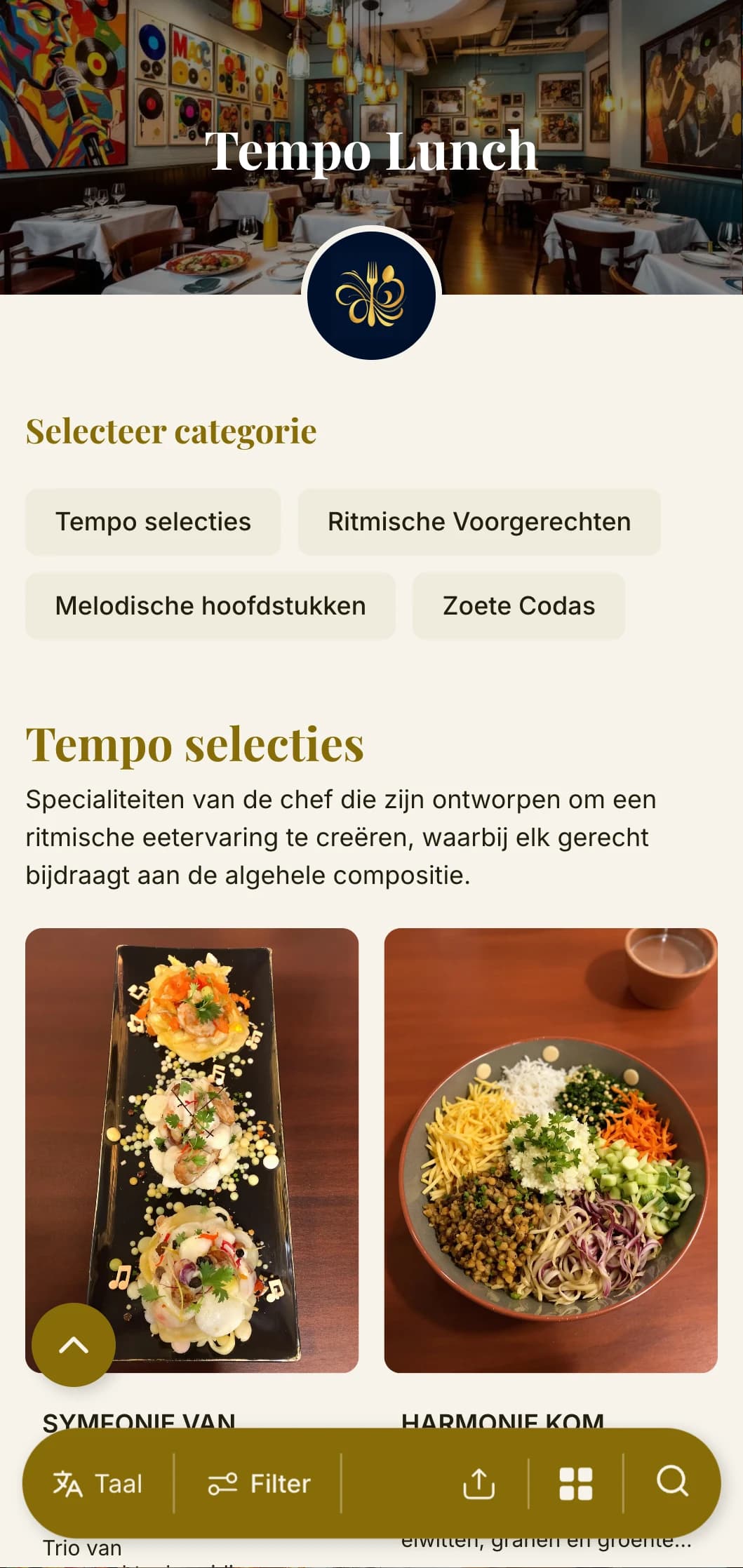 Dynamisch, op ritme geïnspireerd lunchmenu-ontwerp met muzikale elementen en vloeiende lay-out, ideaal voor restaurants in de buurt van theaters en culturele podia.