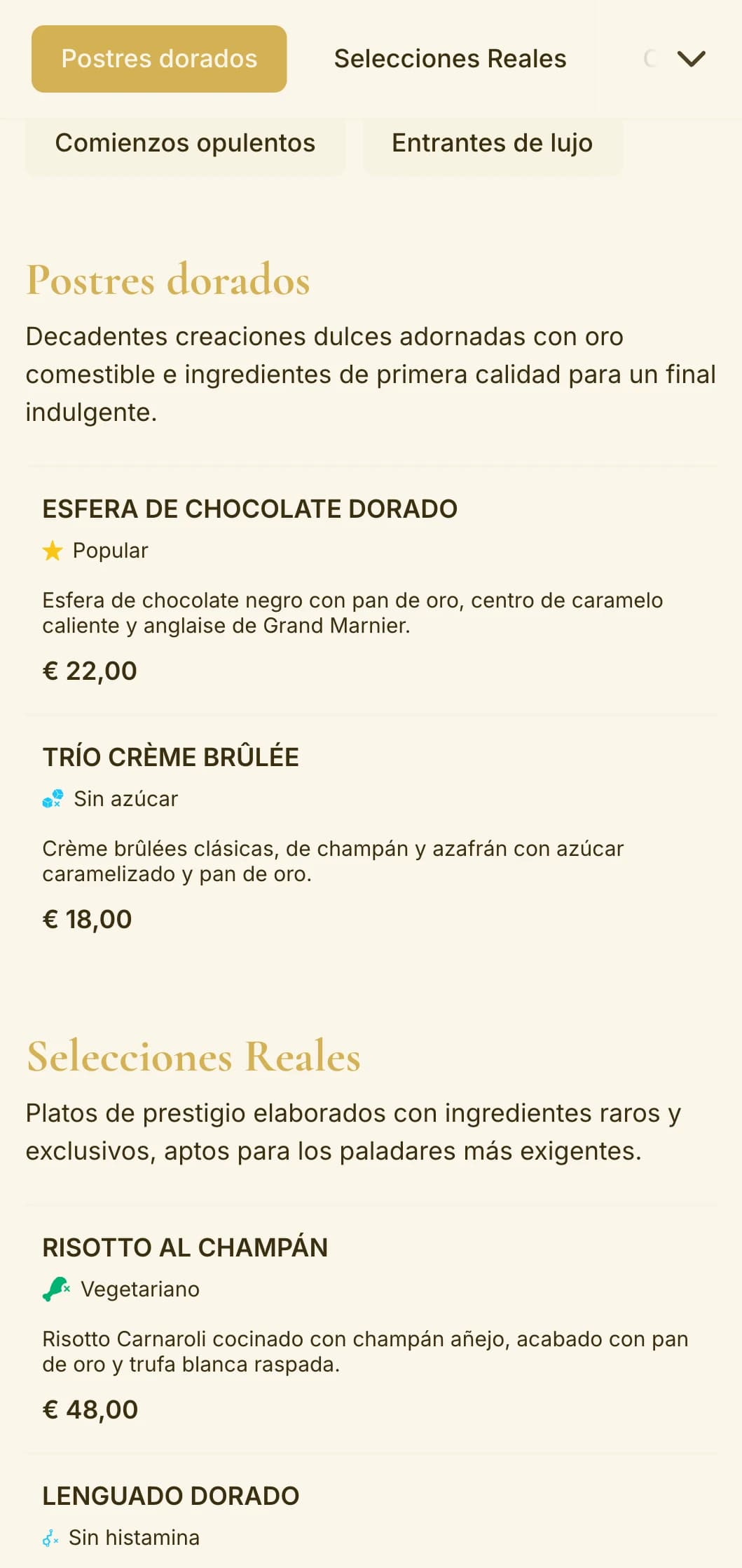 Opulento diseño dorado que destila lujo y exclusividad, perfecto para establecimientos de alta gama y cenas en ocasiones especiales.
