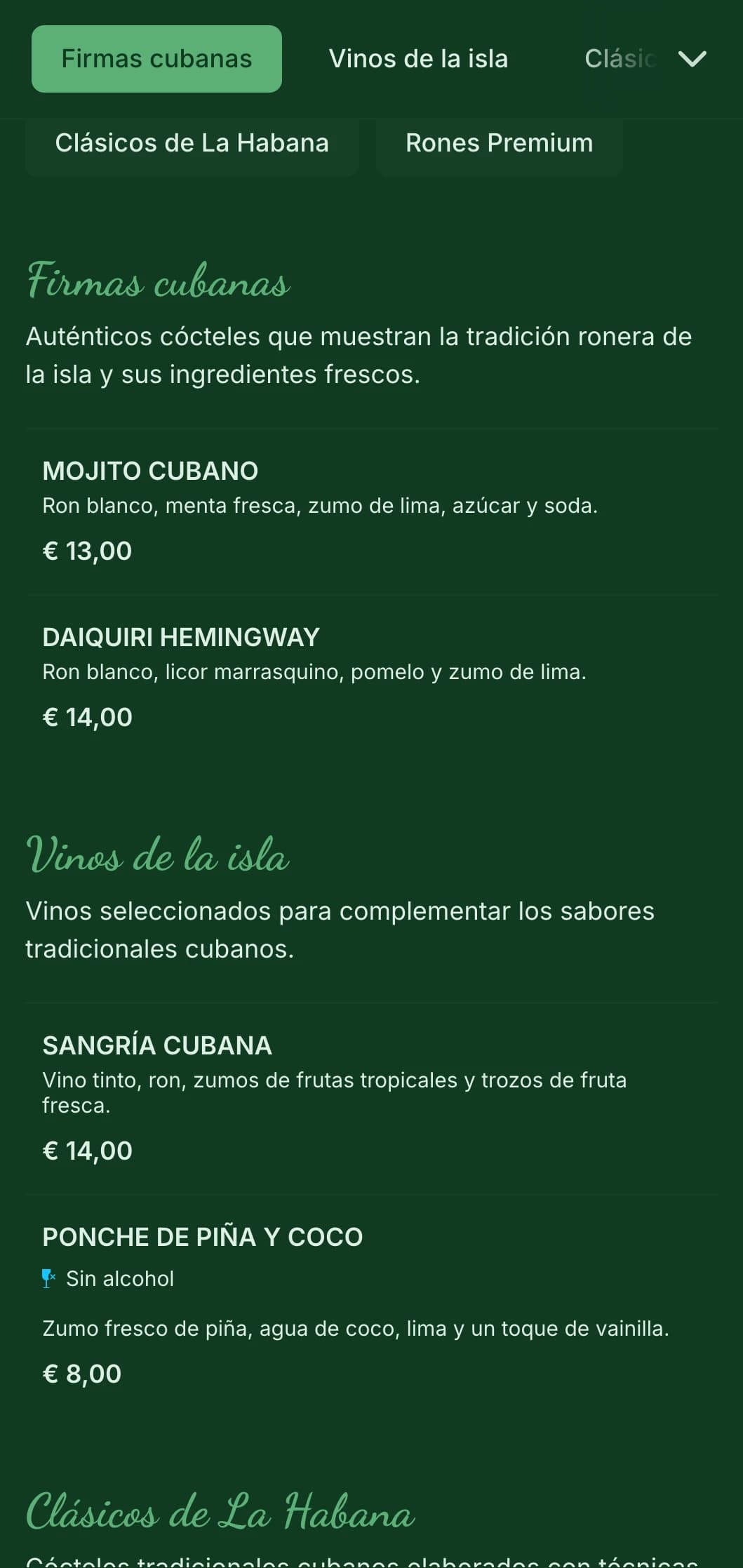 Diseño verde tropical con elementos vintage para bares de ron de inspiración cubana.