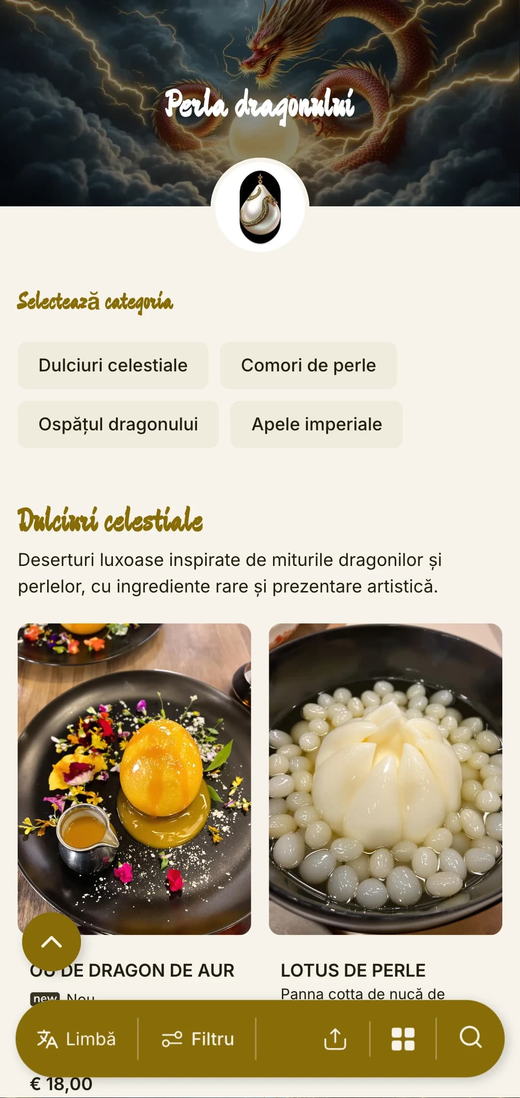 Meniu chinezesc luxos cu motive de dragon și accente de perle, perfect pentru restaurantele chinezești cu fructe de mare de lux și ocazii speciale.
