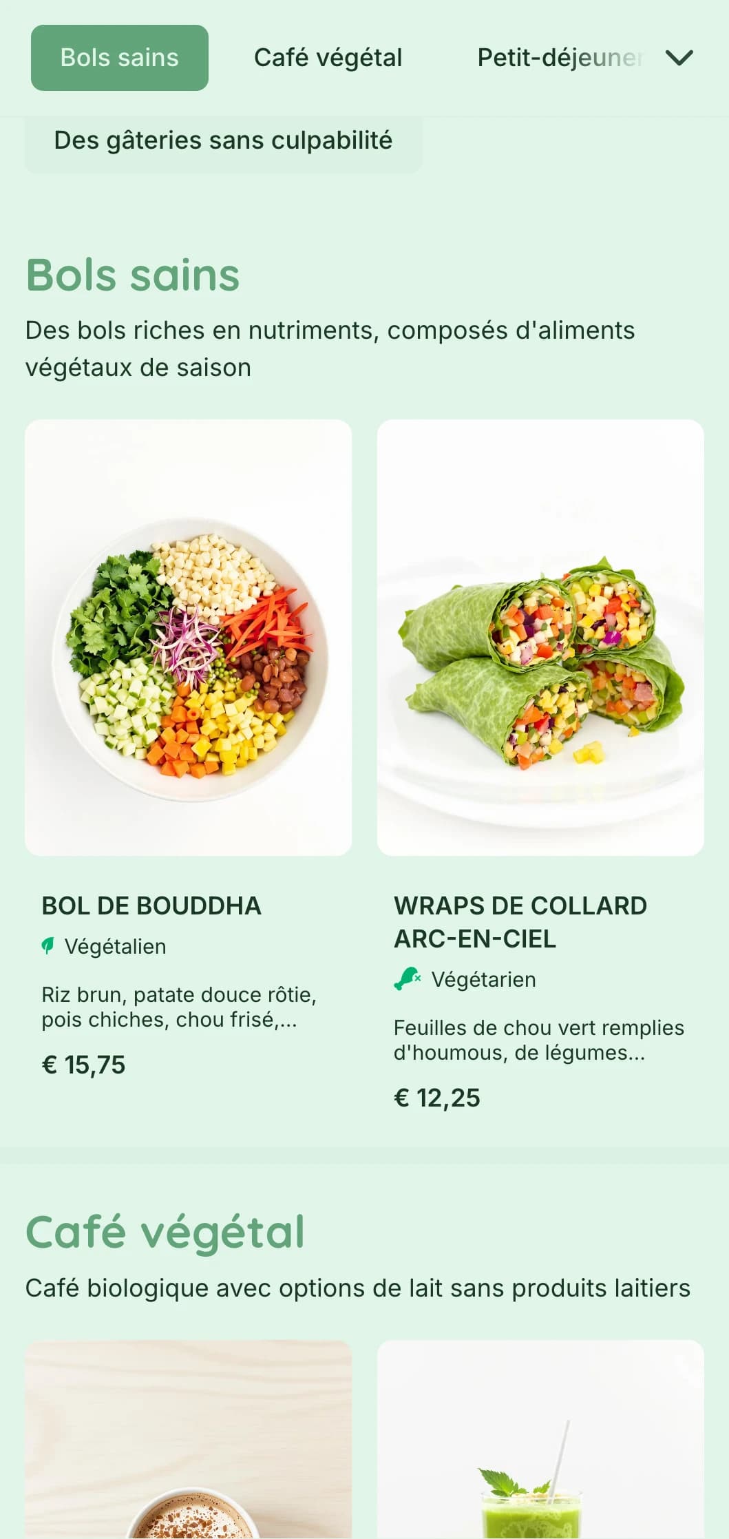 Un design frais et vert qui met en valeur les offres à base de plantes pour les cafés végétaliens et les lieux de restauration saine.