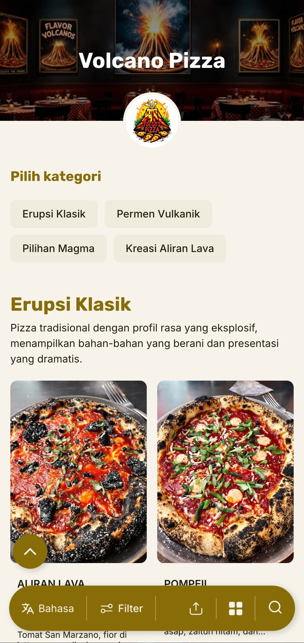 Menu pizza yang berani dan menarik perhatian dengan hirarki visual yang dramatis untuk para petualang pizza.