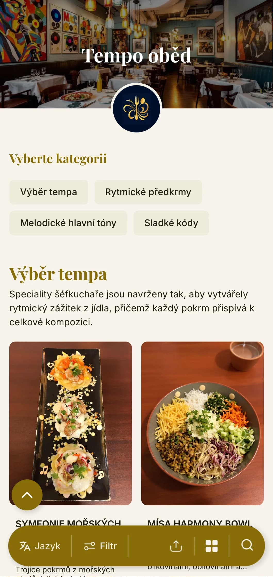 Dynamický, rytmem inspirovaný design poledního menu s hudebními prvky a plynulým uspořádáním, ideální pro restaurace v blízkosti divadel a kulturních zařízení.