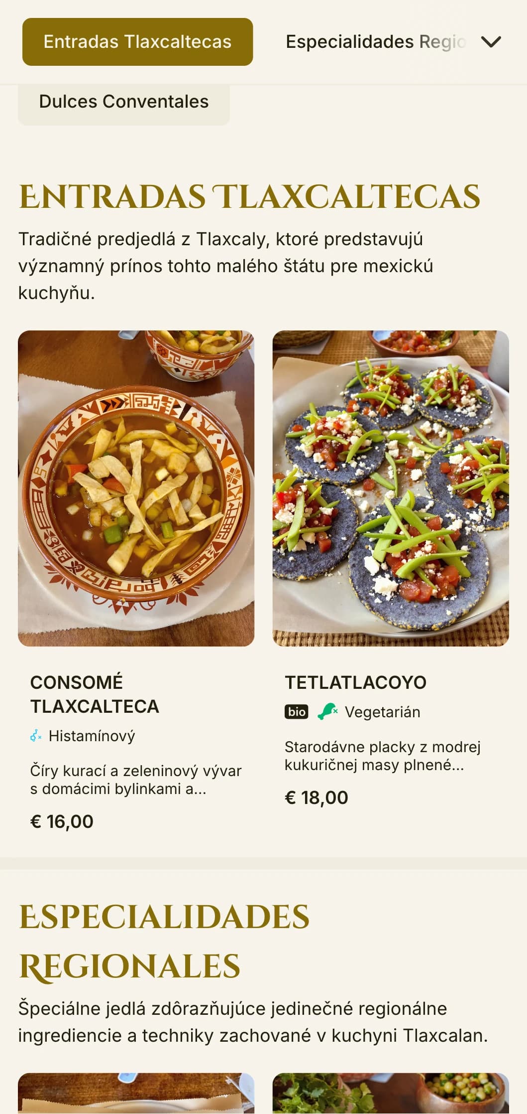 Elegantné a historické menu oslavujúce kulinárske tradície Tlaxcaly so zlatými akcentmi, predhispánskymi vplyvmi a regionálnymi špecialitami.