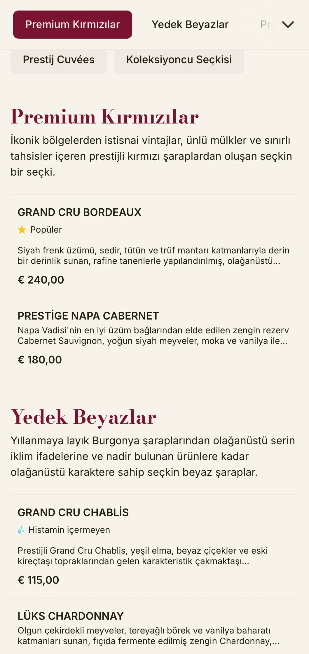 Zengin bordo vurgular ve sofistike tipografi ile çarpıcı lüks şarap listesi şablonu, birinci sınıf et lokantaları ve şarap mahzenleri için ideal.