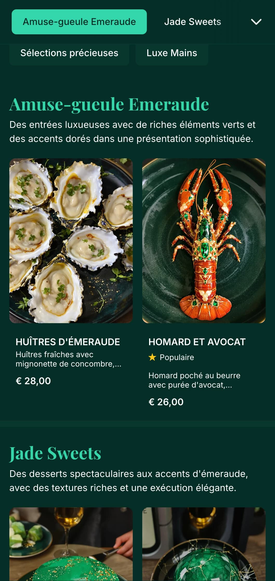 Un menu de dîner luxueux aux riches tons d'émeraude et aux accents dorés, conçu pour les établissements de restauration haut de gamme.