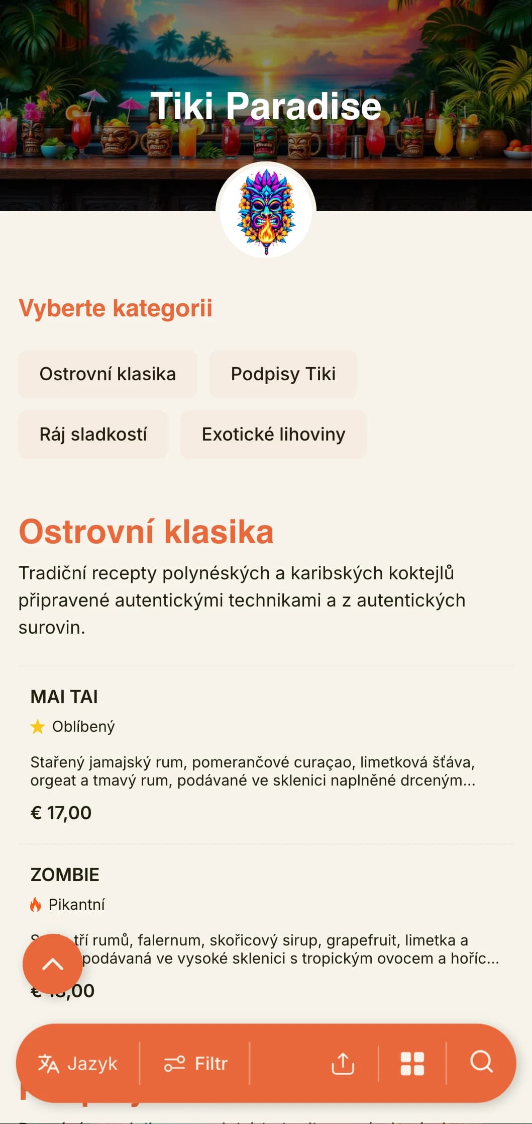 Exotický, zářivý design pro tiki bary a tropické koktejlové salónky s hravou typografií a teplými barvami.