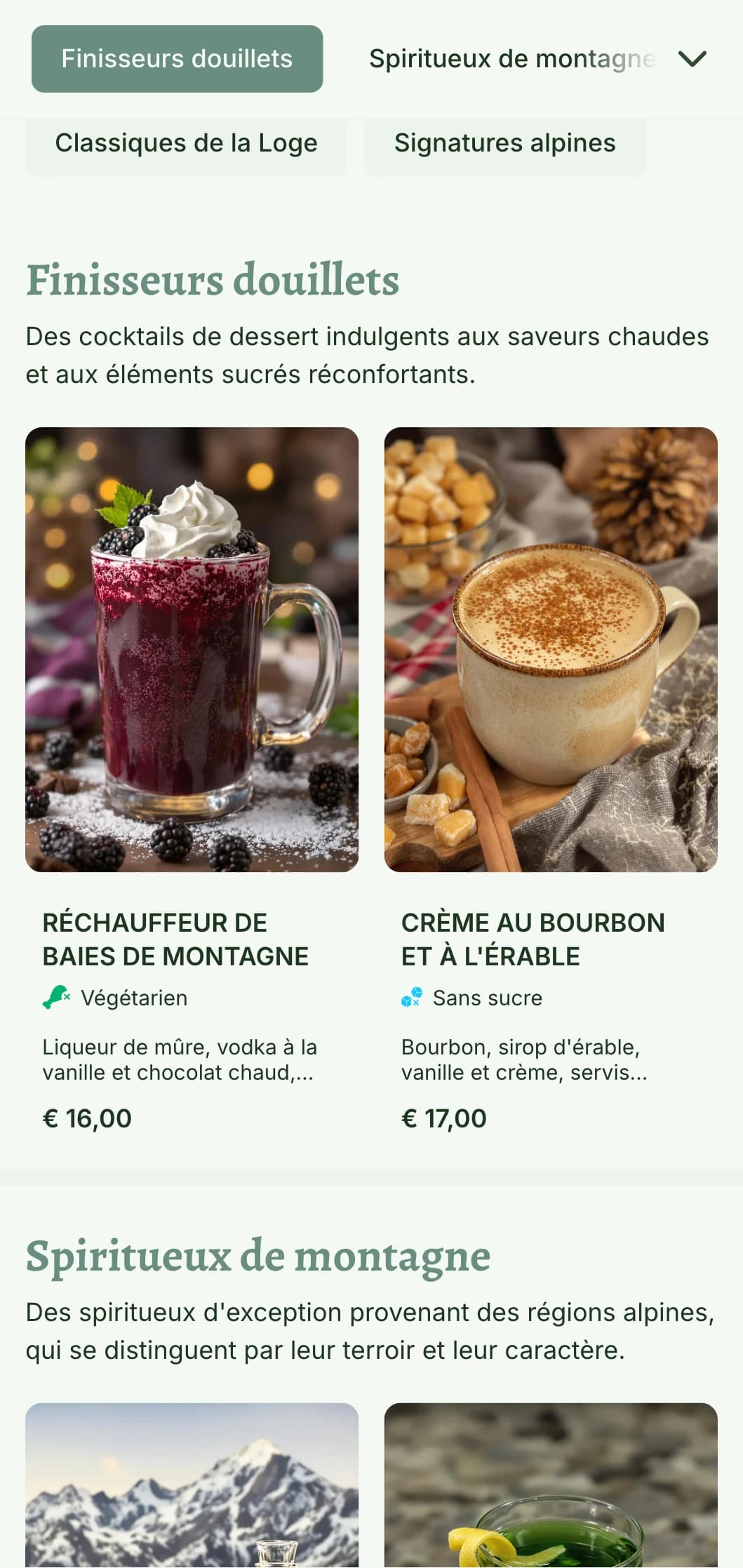 Un design douillet, inspiré de la montagne, pour les bars de stations de ski et les gîtes alpins, avec des éléments chauds et naturels et une typographie rustique.