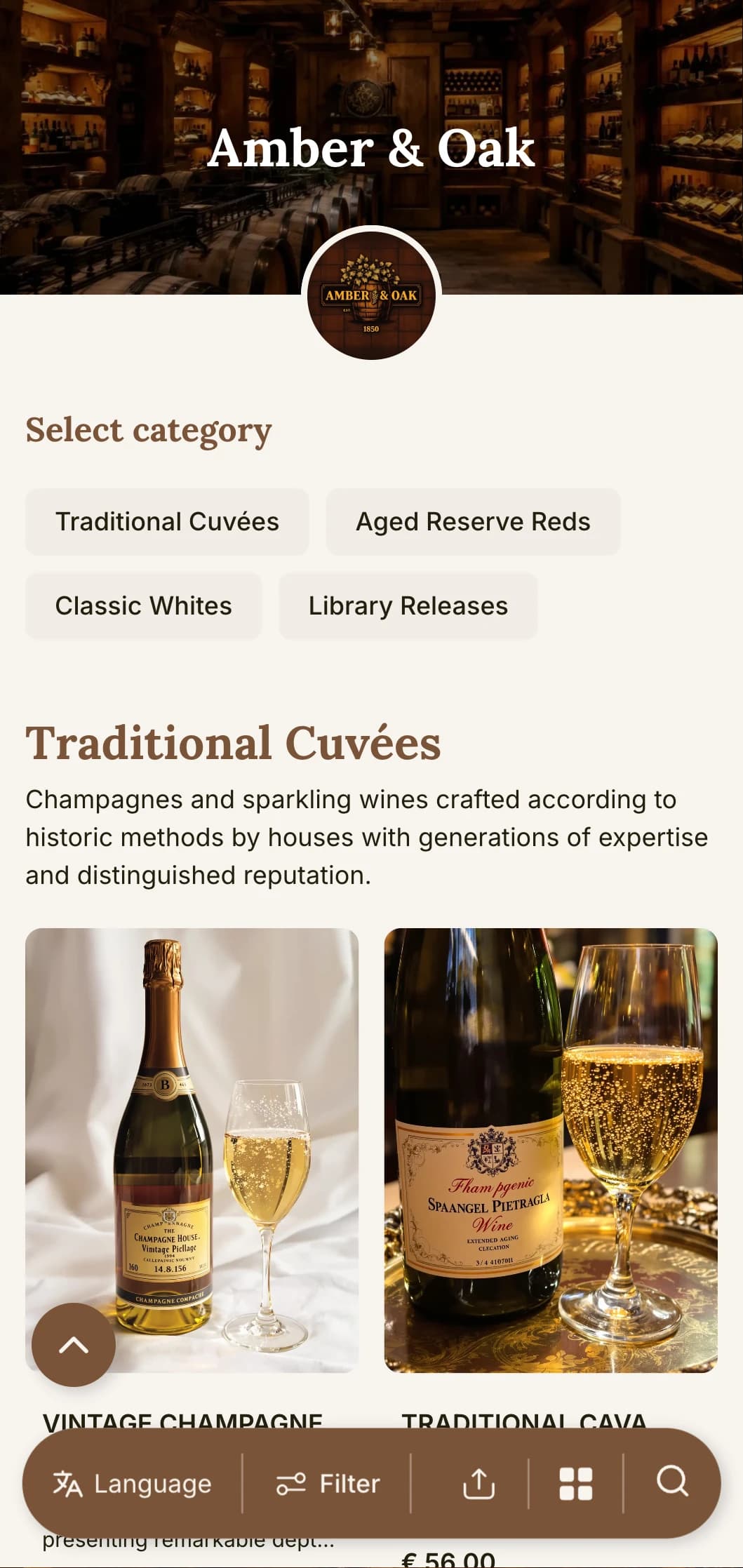 Warmly traditional wine list template with amber and oak accents, perfect for established wineries and heritage restaurants with cellar programs.
