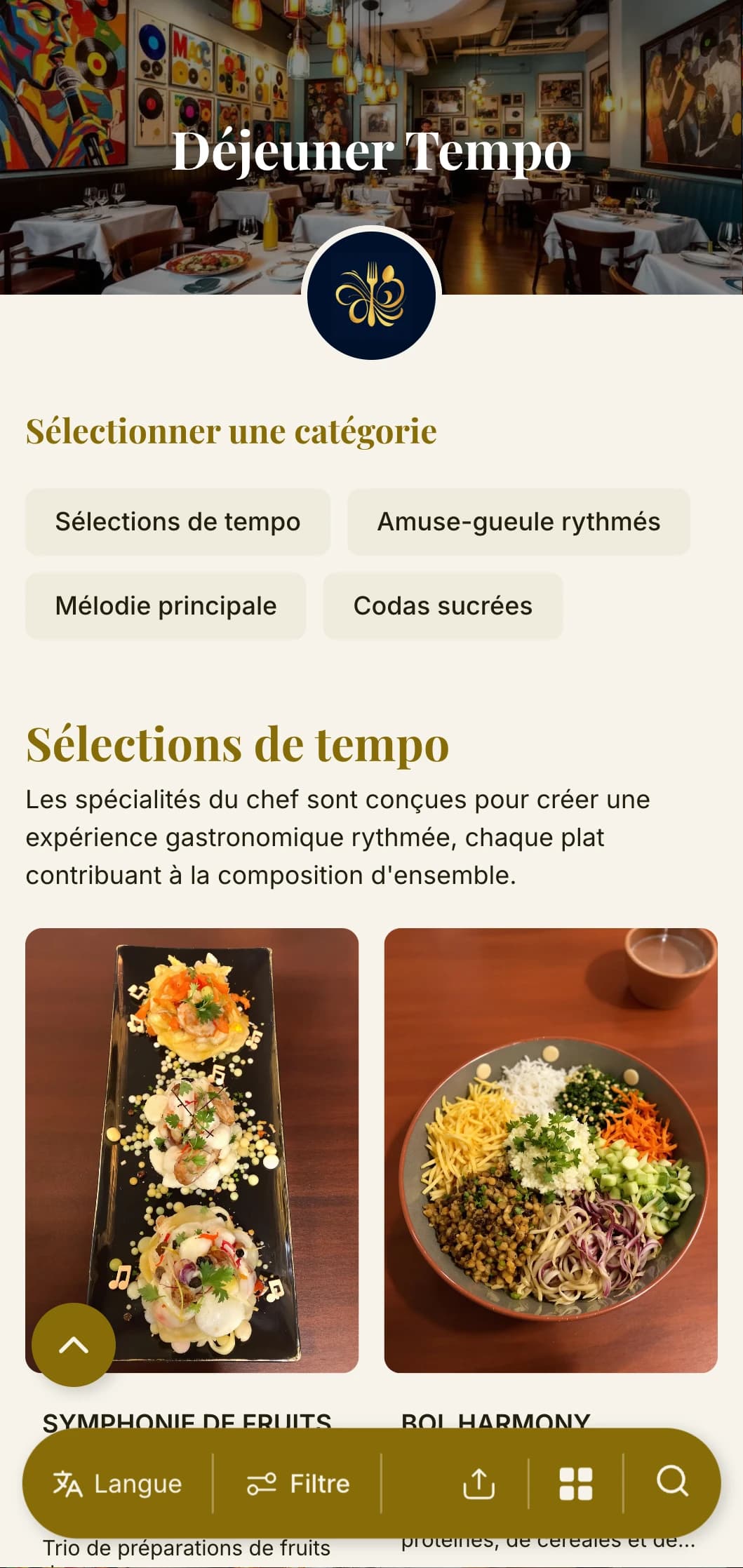 Un menu dynamique, inspiré par le rythme, avec des éléments musicaux et une mise en page fluide, idéal pour les restaurants situés à proximité de théâtres et de lieux culturels.