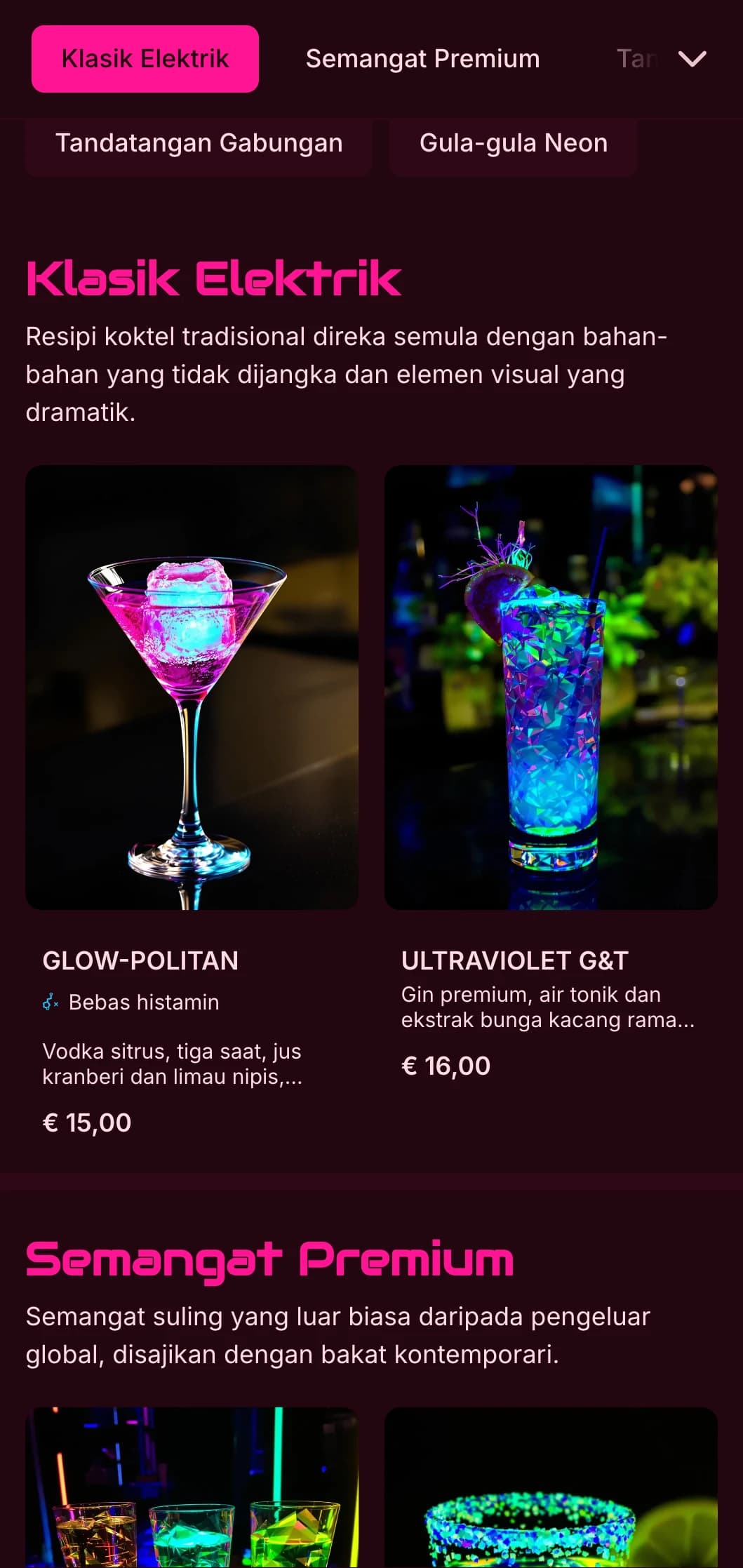 Reka bentuk berani dan bertenaga untuk bar koktel kontemporari dan kelab malam yang menampilkan warna neon dan tipografi dinamik.