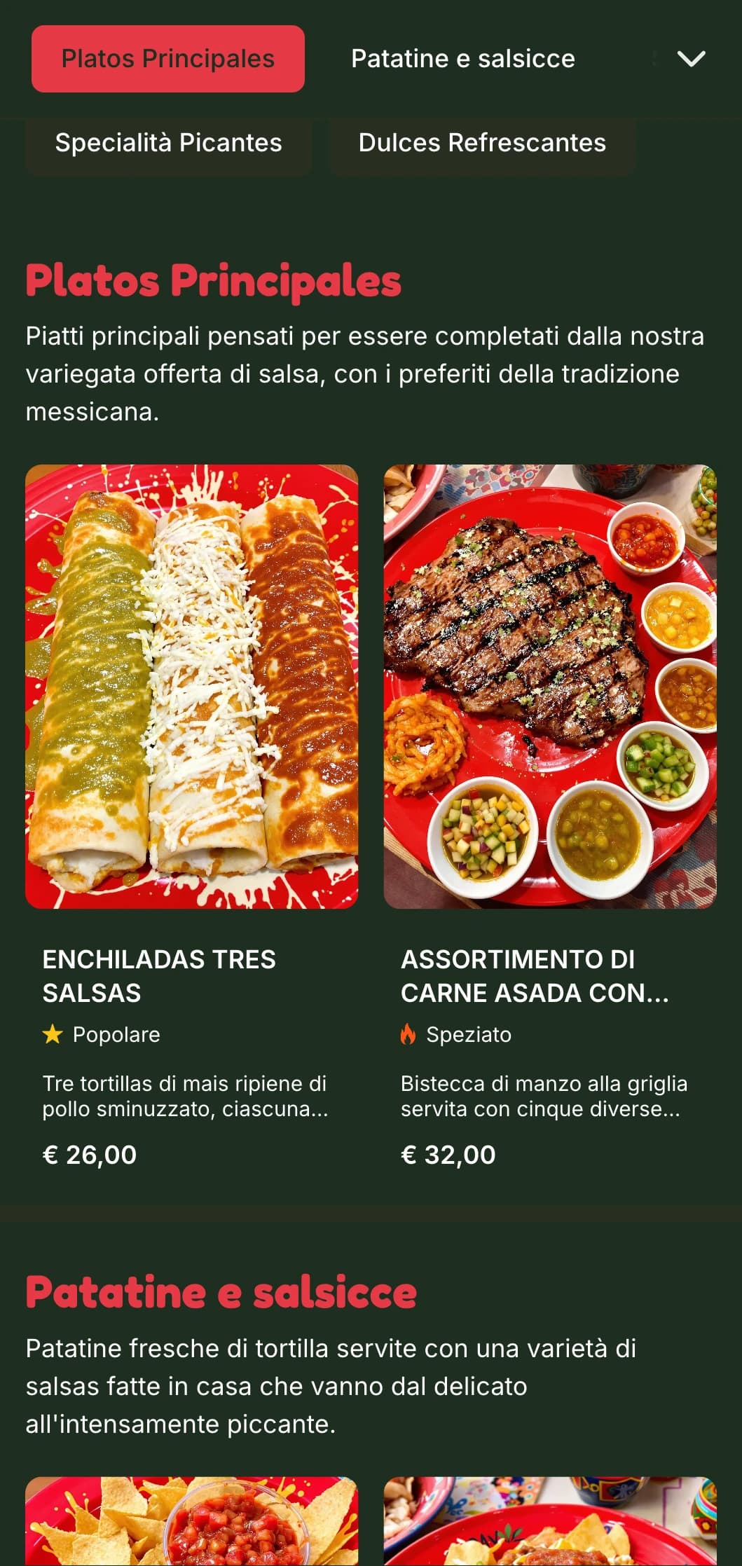 Menu vivace e personalizzabile incentrato su diverse salsas messicane con accenti di rosso vivo, livelli di spezie e piatti complementari.