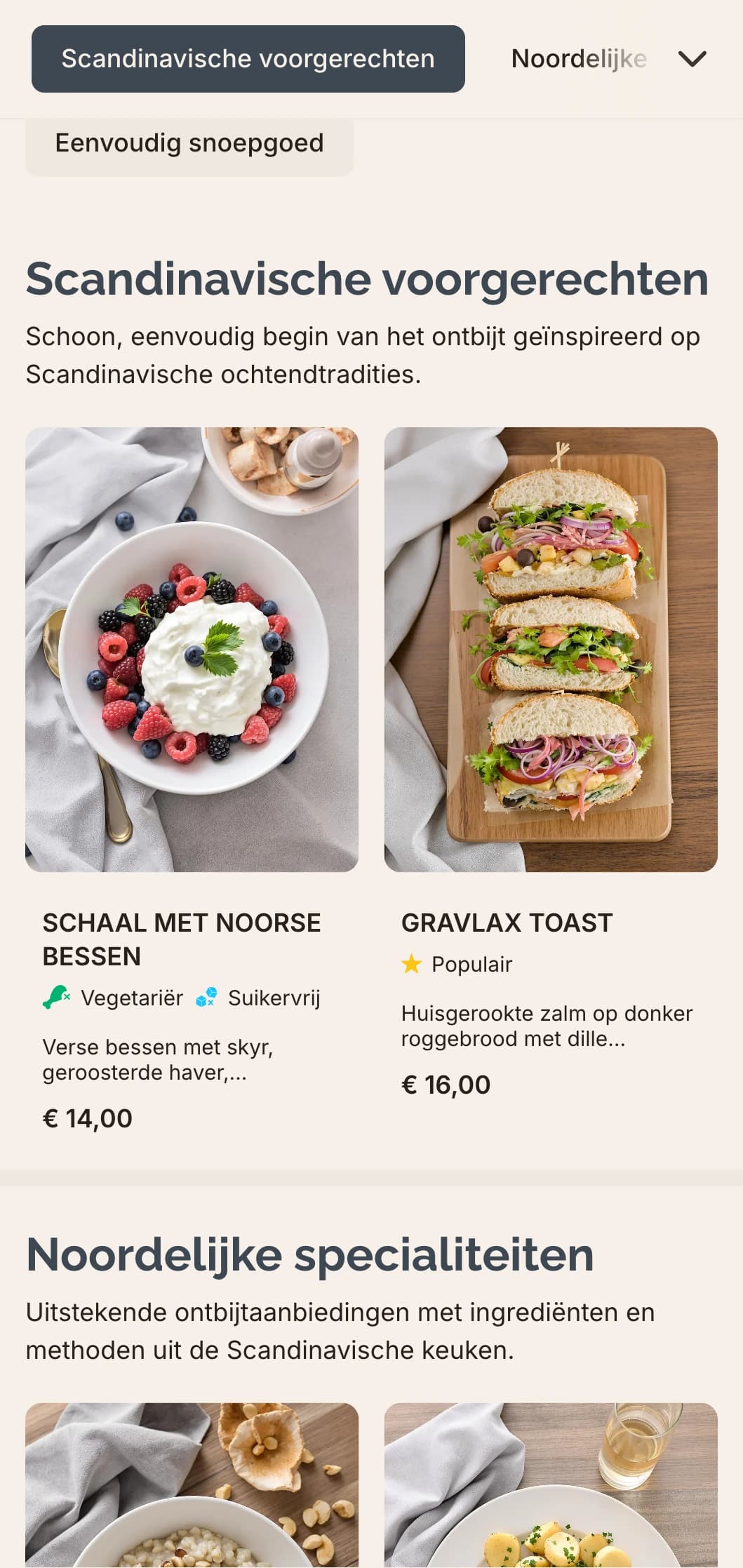 Scandinavisch geïnspireerd ontbijt met pure smaken, eenvoudige ingrediënten en een ingetogen presentatie.
