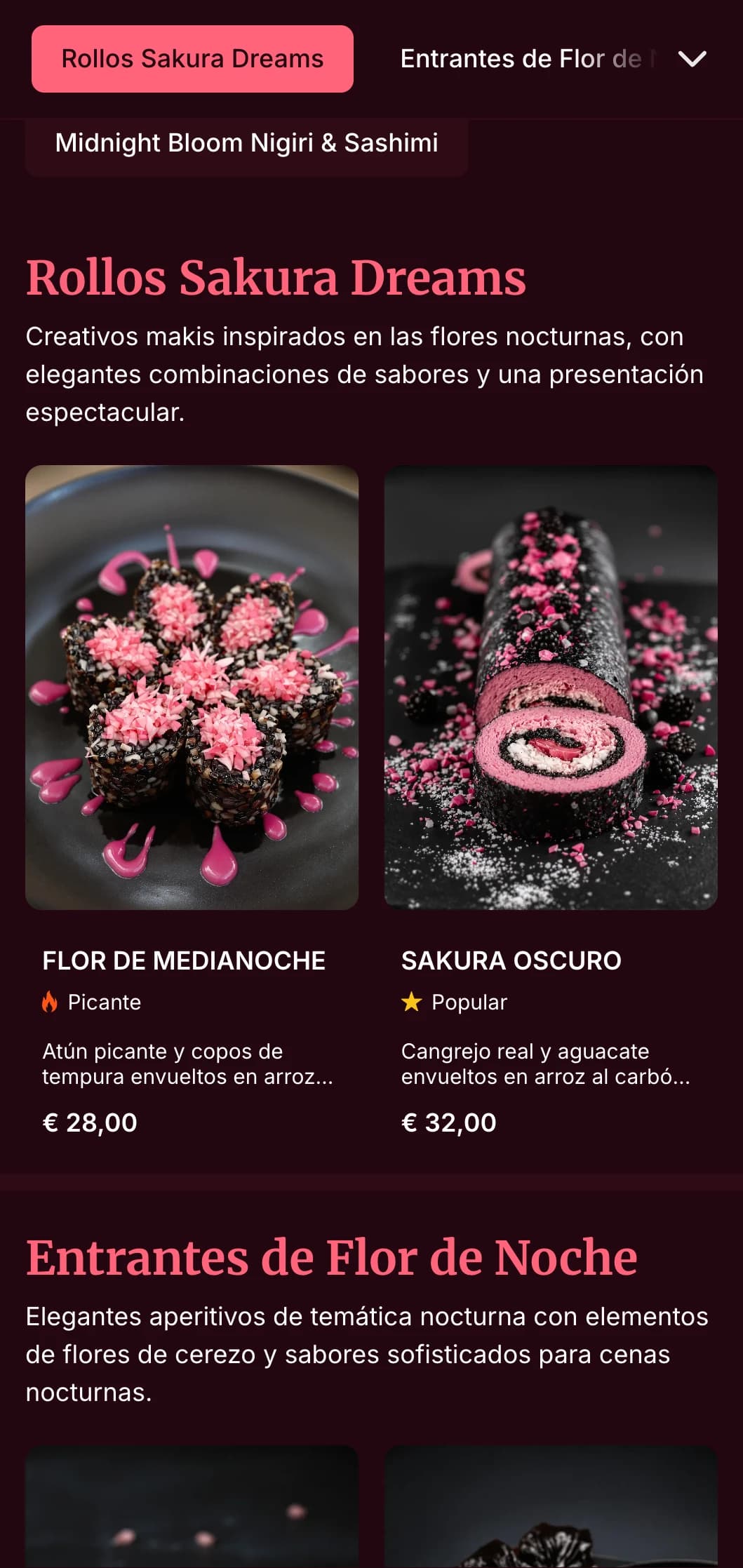 Elegante experiencia de sushi nocturno con espectaculares motivos de flores de cerezo sobre un intenso color burdeos para cenas de lujo.
