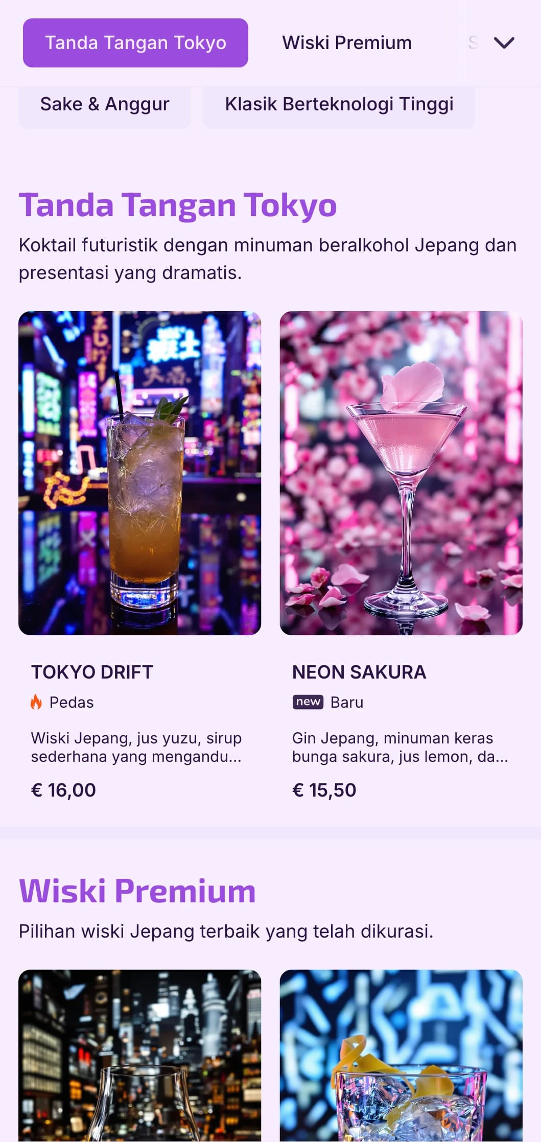 Desain ungu tua dan hitam dengan elemen teknologi untuk bar yang terinspirasi dari Jepang yang futuristik.