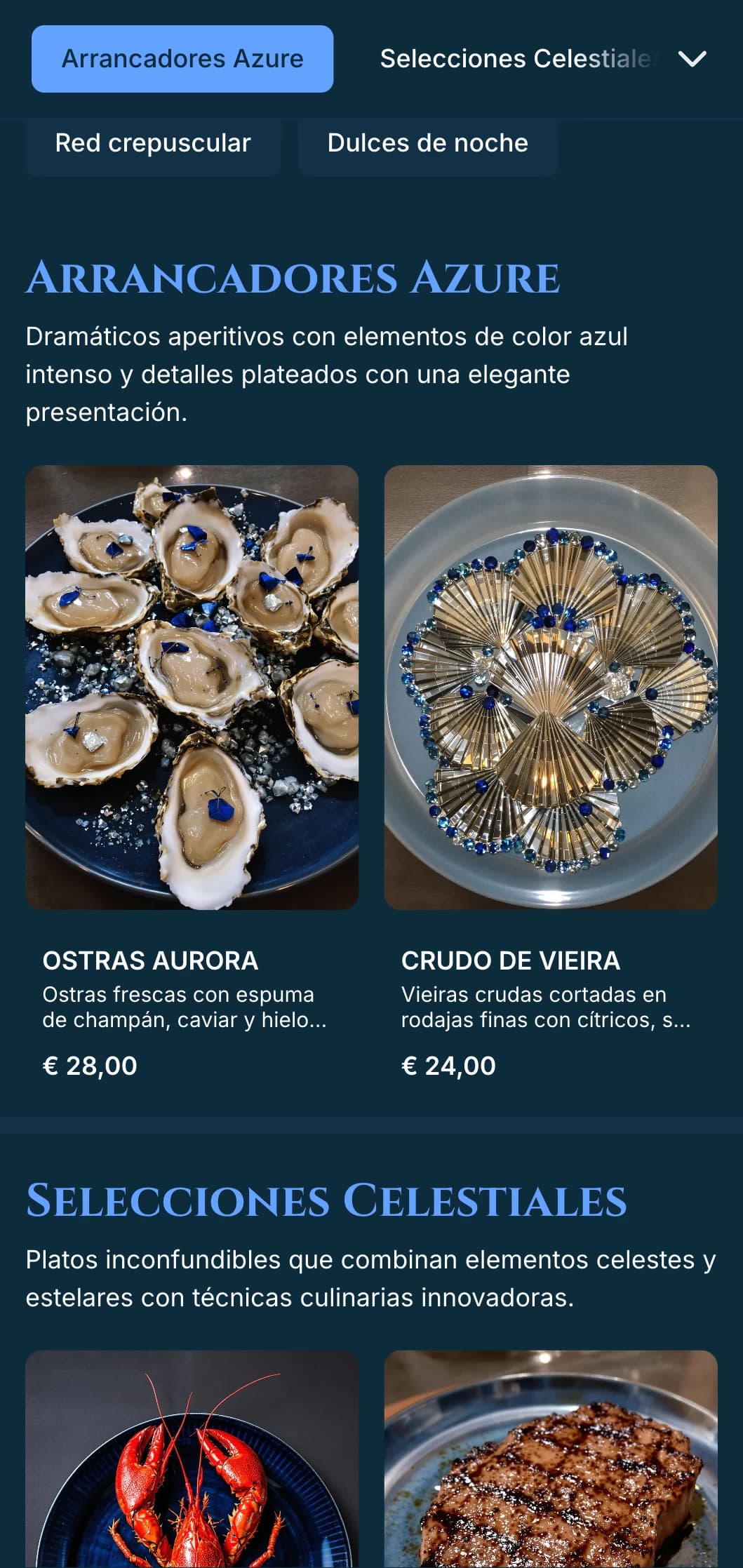 Un espectacular menú en azul oscuro con inspiración crepuscular y toques plateados, diseñado para cenas sofisticadas.