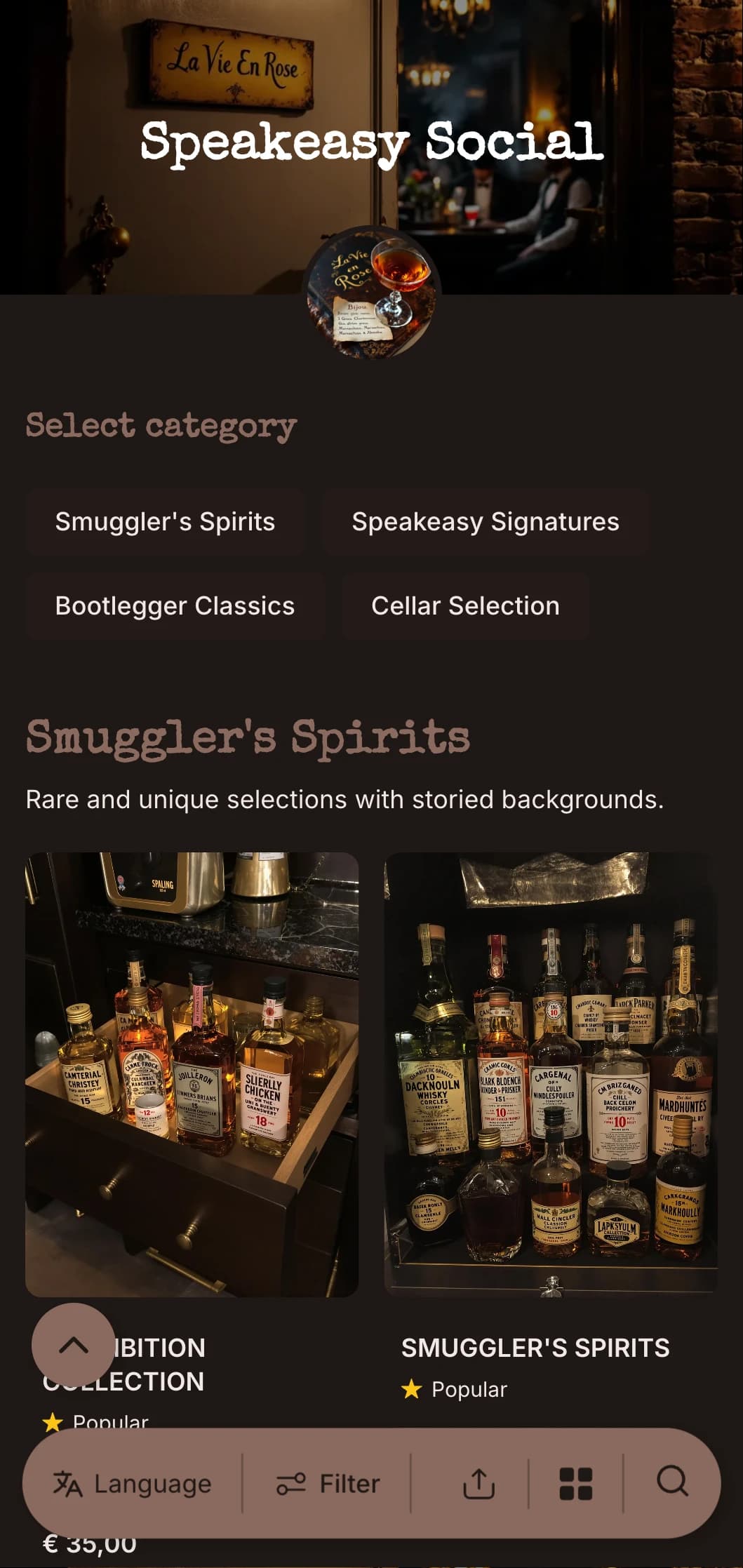 Dark, mysterious design with vintage typewriter elements for hidden cocktail bars.