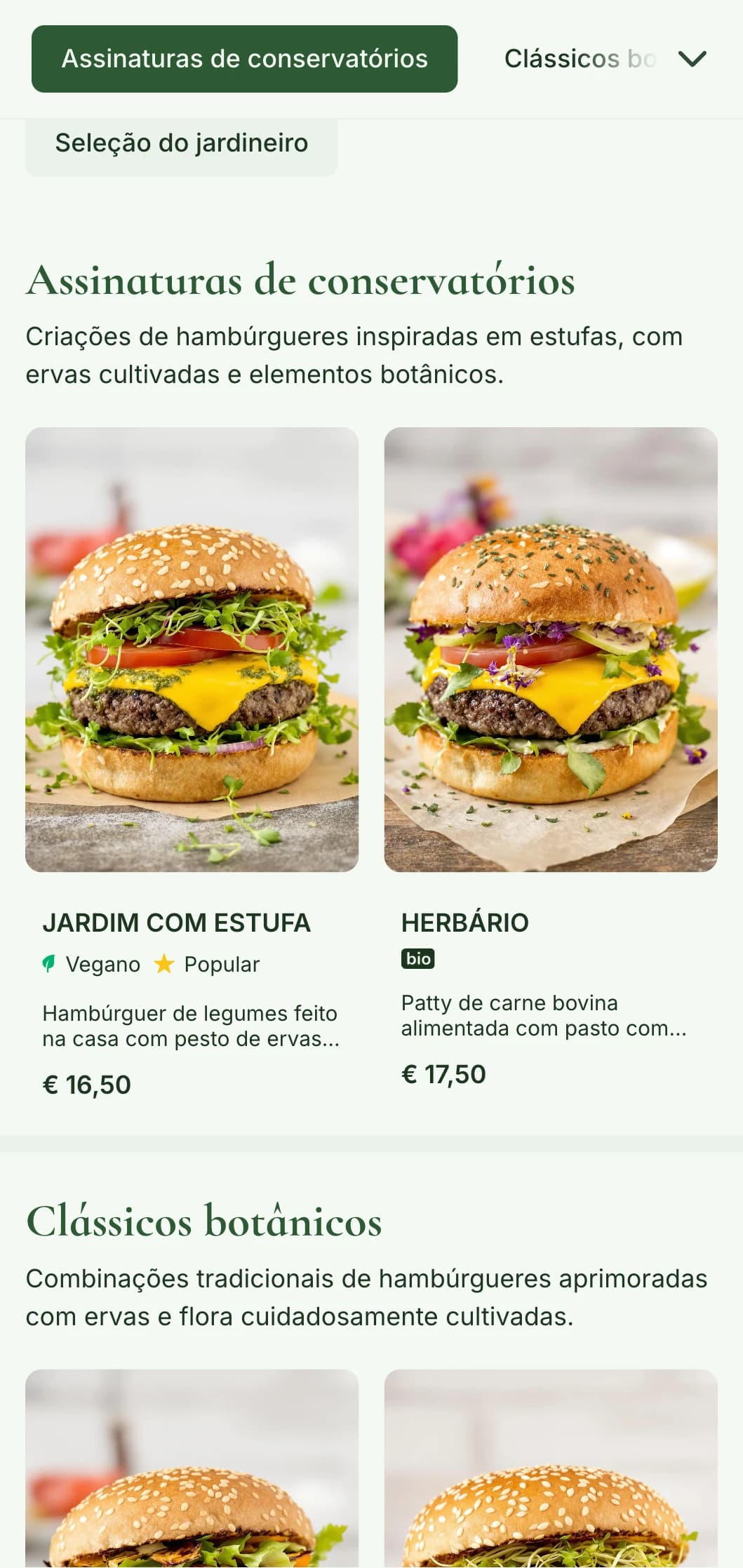 Jardim de hambúrguer focado em plantas com elementos de estufa e ilustrações botânicas.
