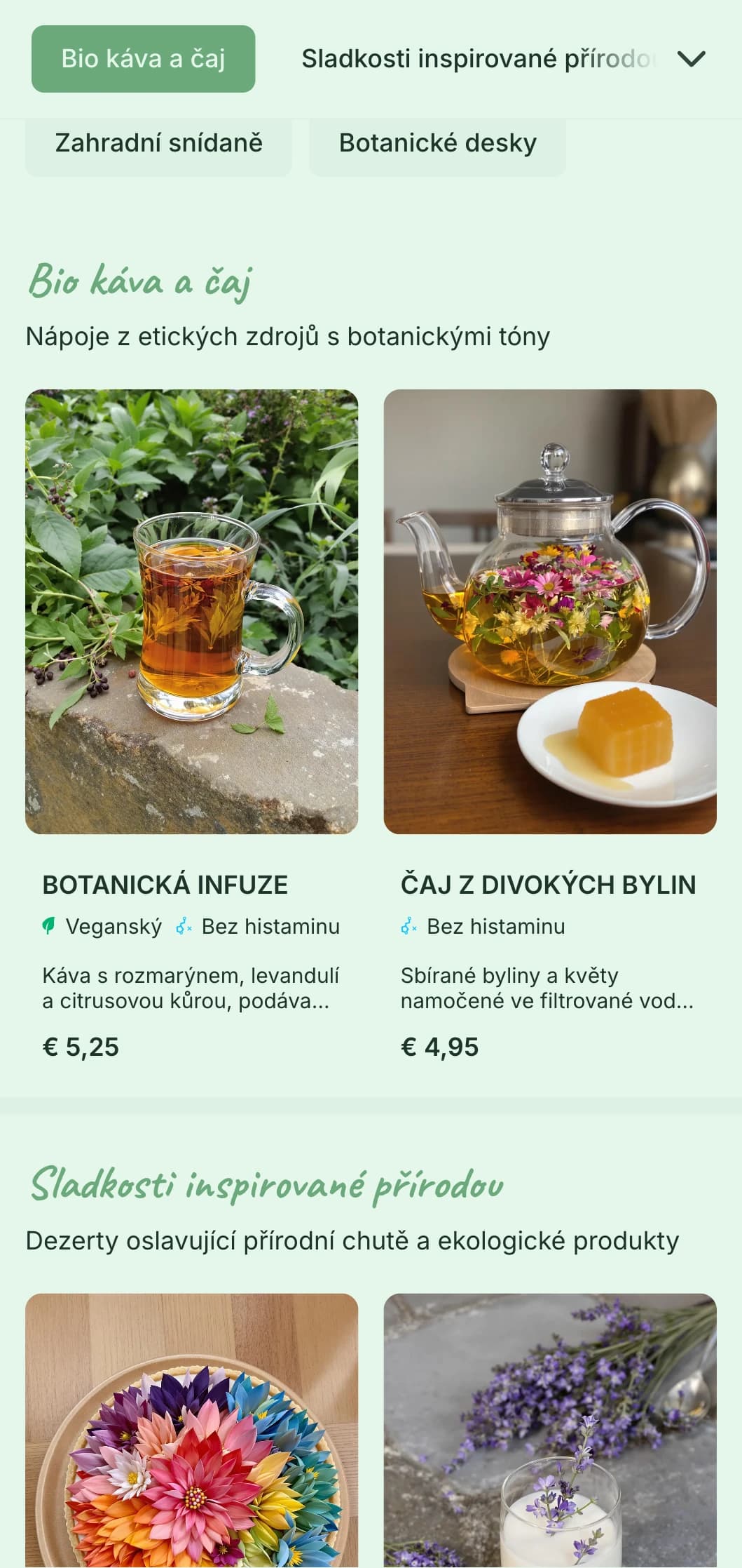 Svěží zelený design s botanickými prvky pro zahradní kavárny a ekologické brunchové podniky.