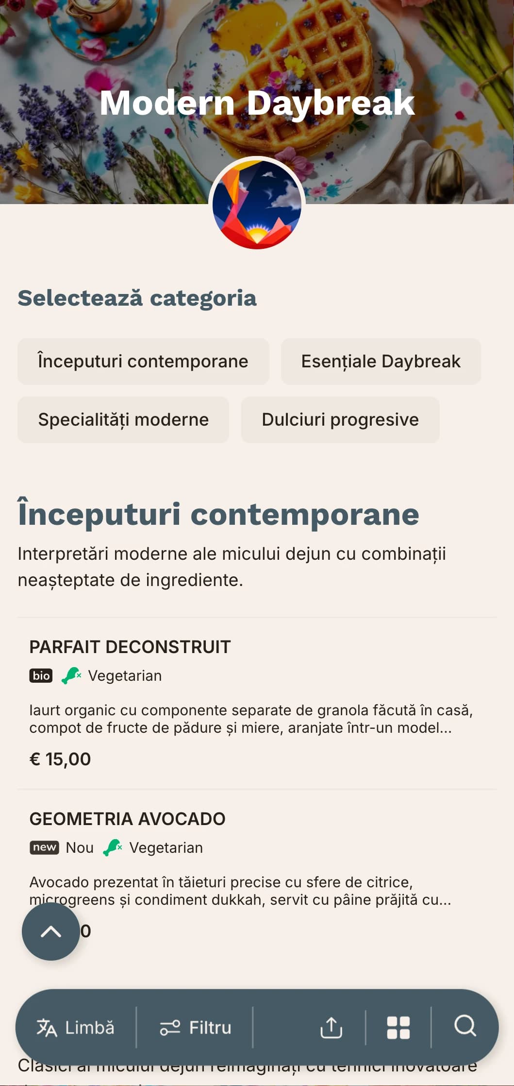 Oferte de dimineață contemporane, cu tehnici inovatoare și combinații de arome neașteptate pentru cei care se trezesc devreme și sunt aventuroși.