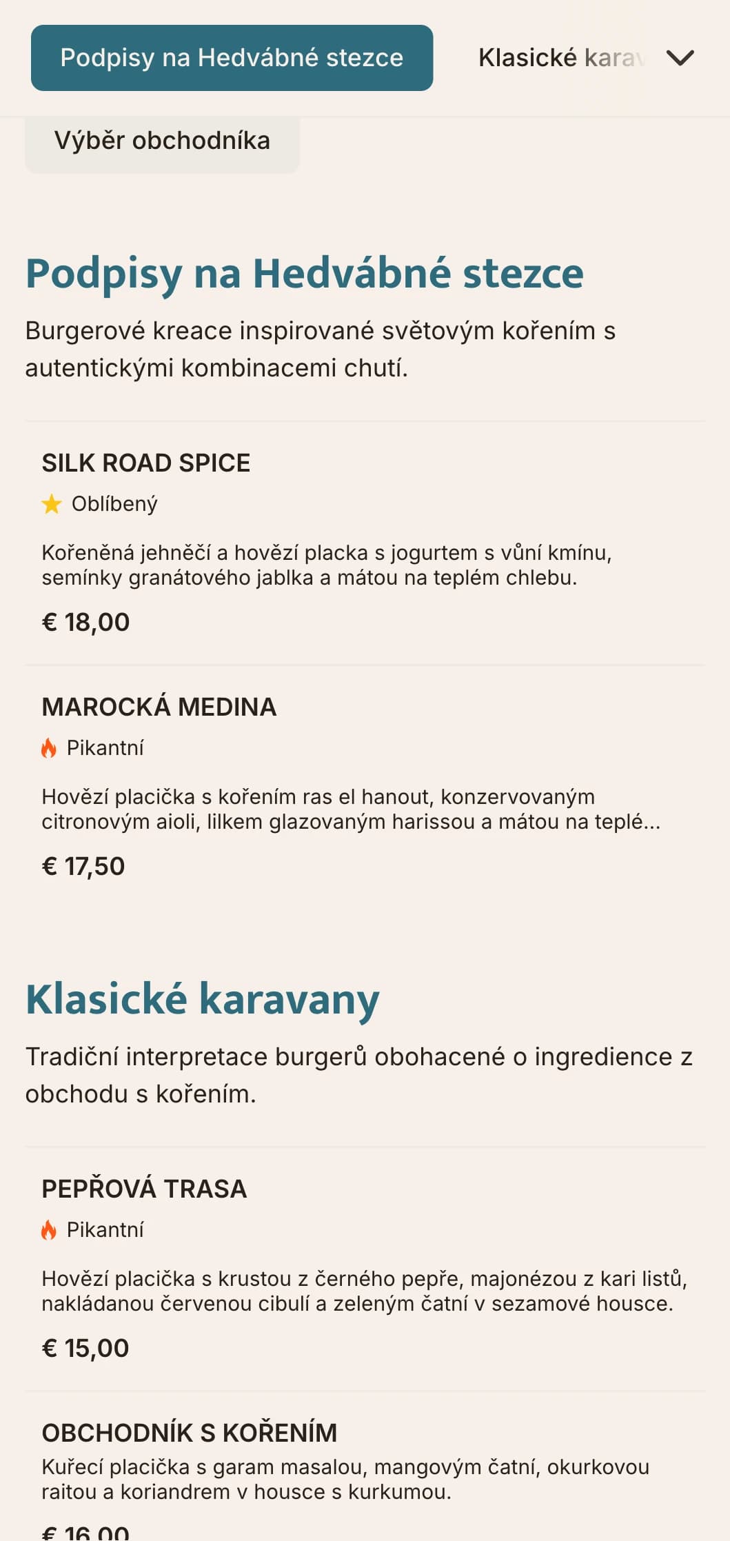 Nabídka burgerů inspirovaná obchodem s kořením, která obsahuje světové chuťové profily a historické odkazy.