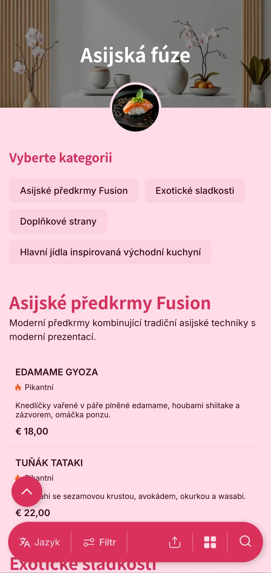 Moderní catering inspirovaný asijskou kuchyní kombinující tradiční postupy s moderní prezentací pro módní akce a mezinárodní setkání.