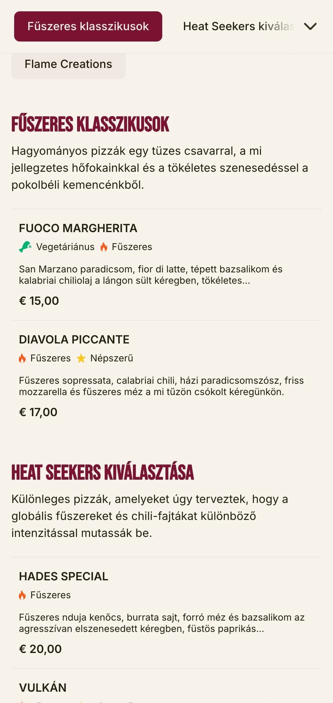 Energikus pizzamenü merész tipográfiával és élénk színekkel a fűszeres pizzák specialistáinak.