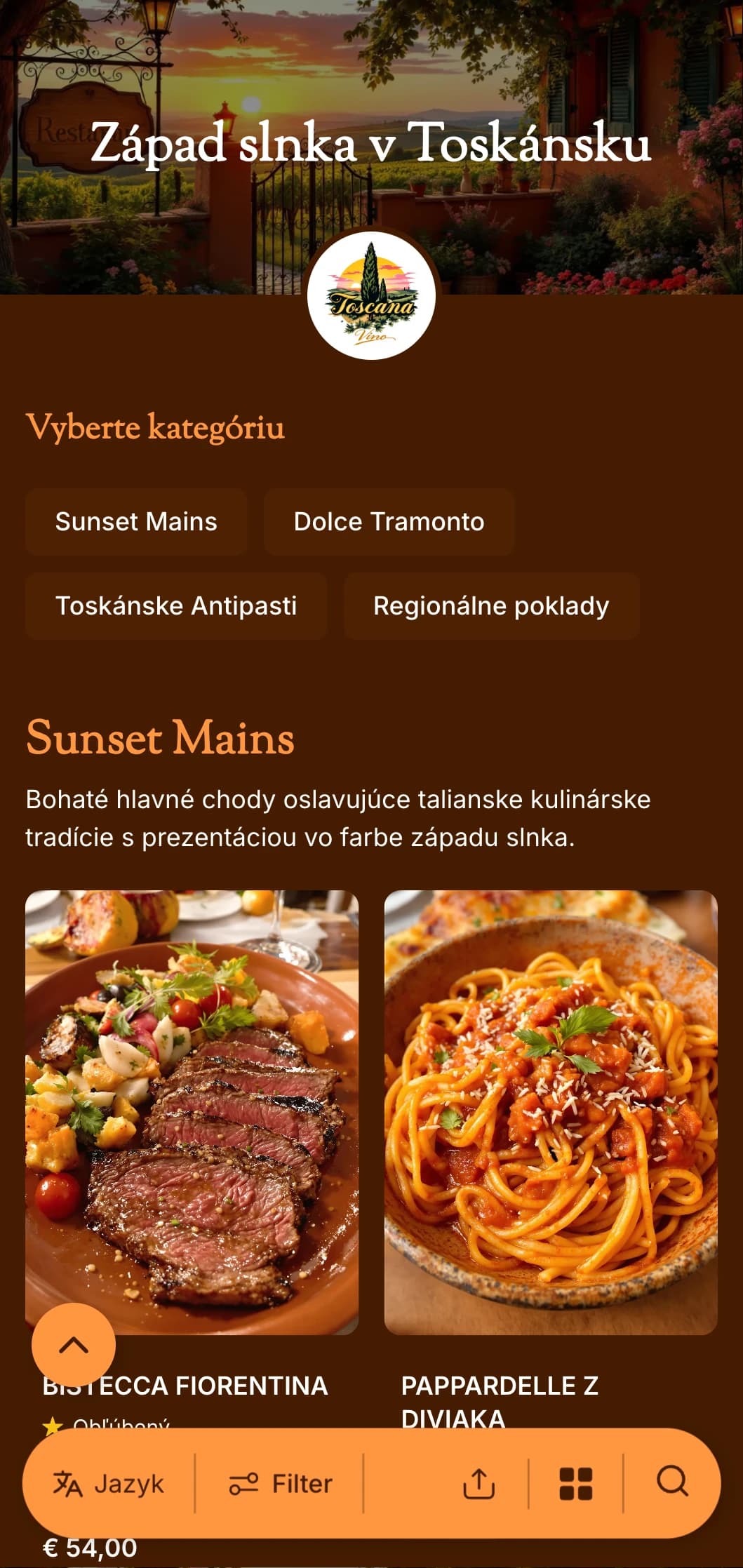 Teplé, toskánsky inšpirované menu na večeru s tónmi terakoty a talianskymi dizajnovými prvkami, ideálne pre autentické talianske reštaurácie.